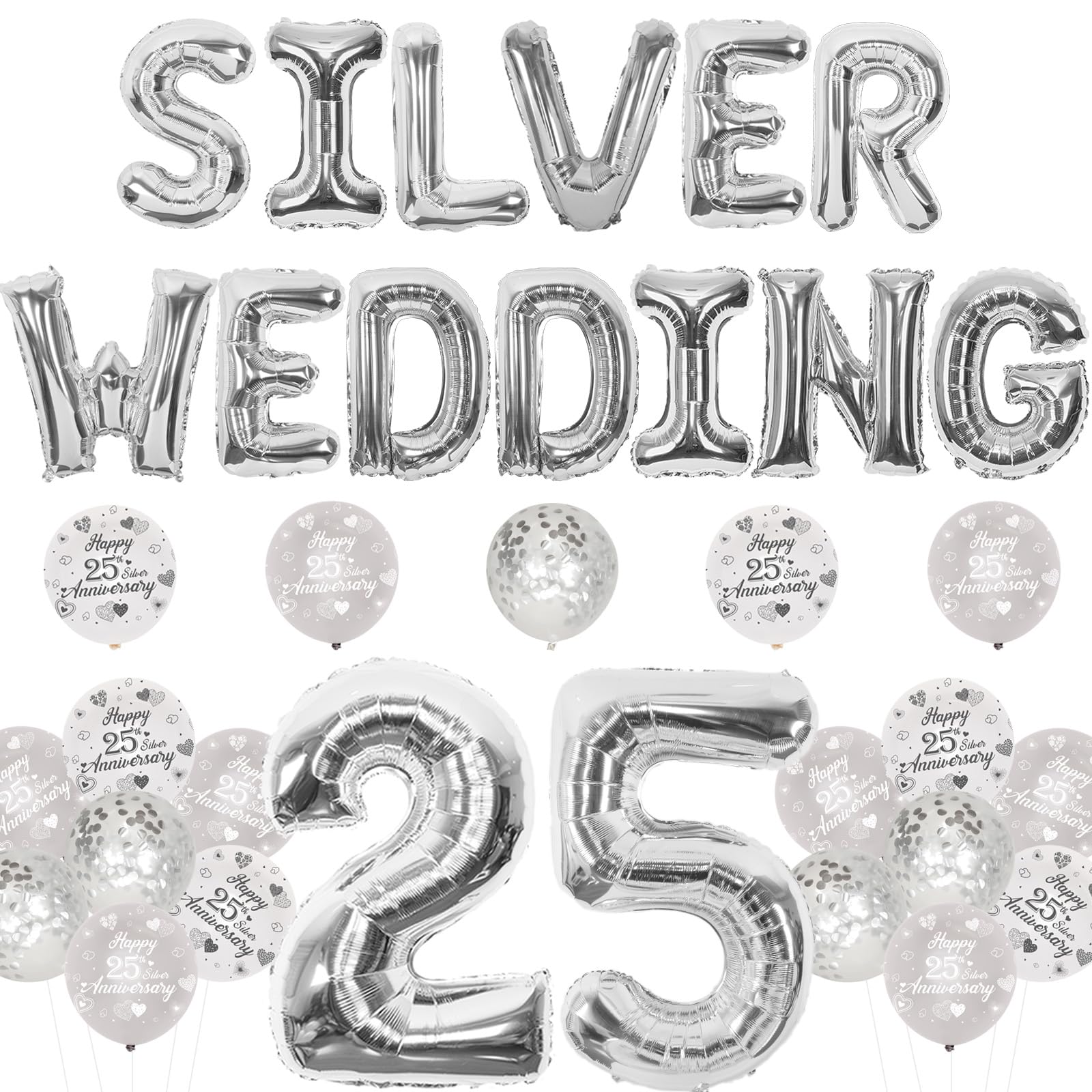 Decoraciones de aniversario de boda de plata número 25, pancarta de globos de boda plateados, globos plateados de impresión del 25 aniversario, globos de aluminio de 25 números para decoraciones de