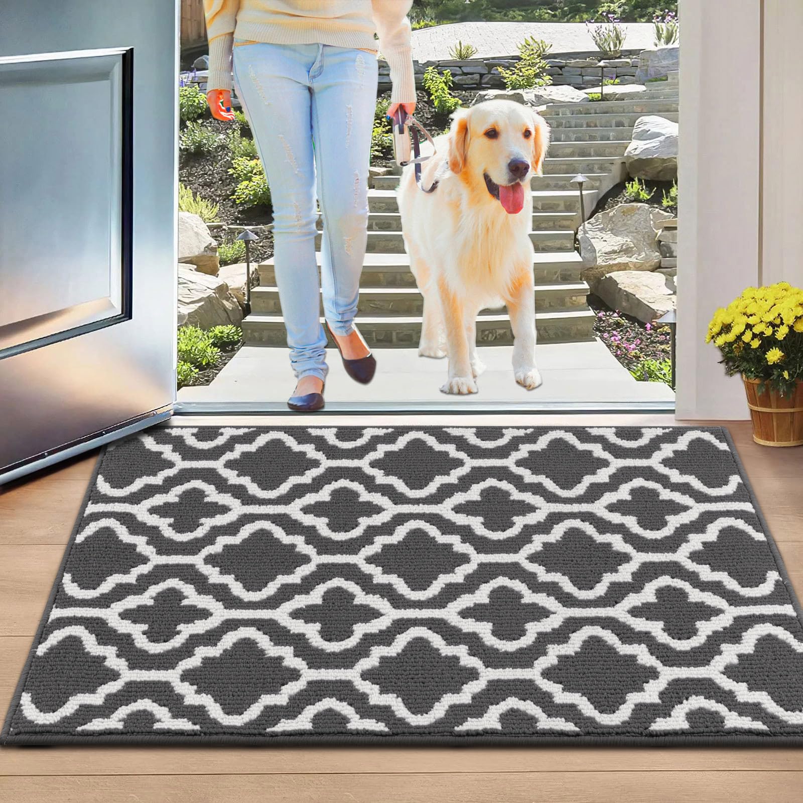 SHACOS Door Mats Indoor Washable Door Mat Inside Dirt Trapper Doormats Inside Absorbent Non-Slip Doormat for Entryway, Kitchen, 60 x 90 cm, Dark Grey