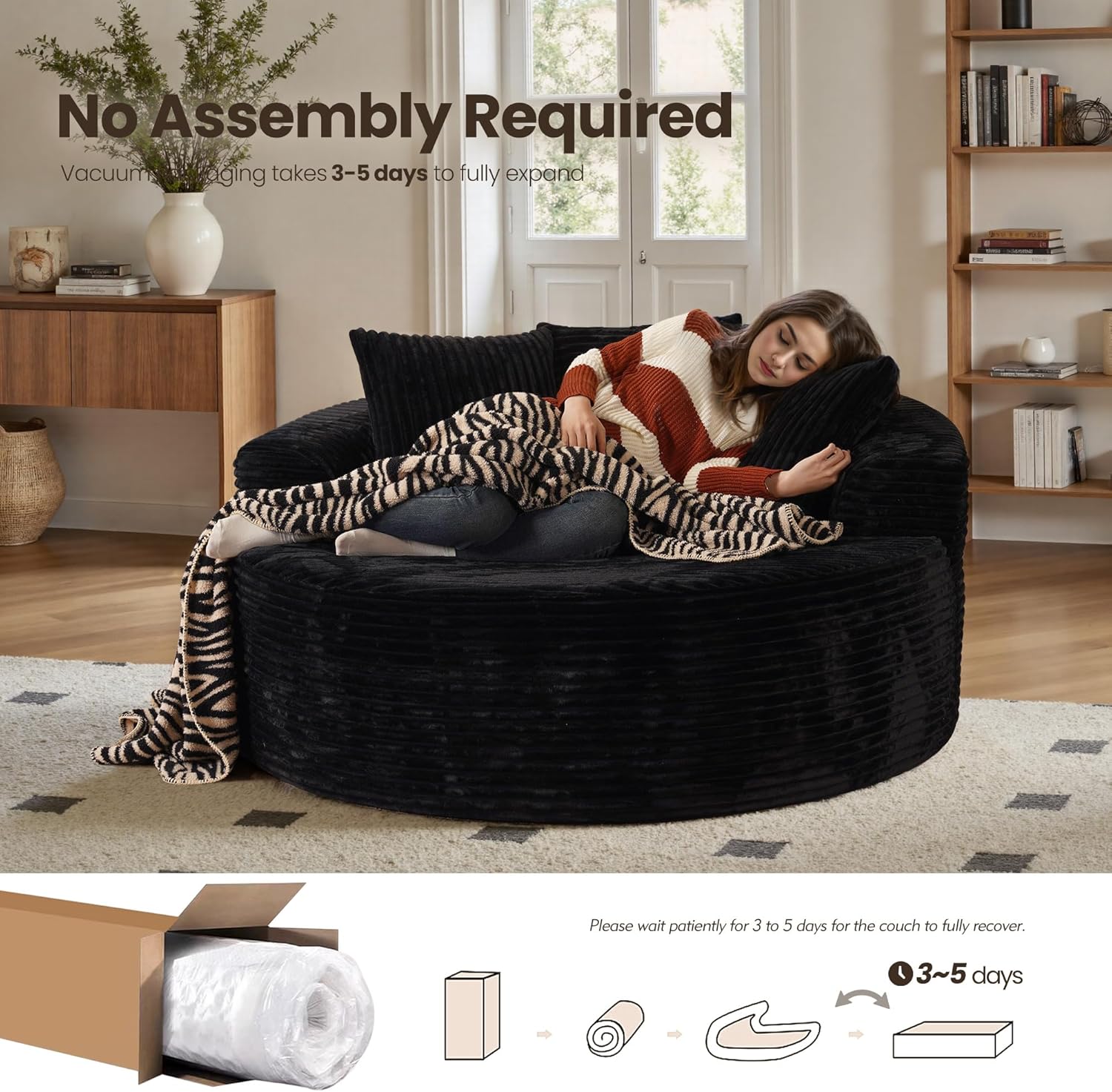 58'' Oversized Round Chaise Lounge Chair Indoor, Sofa Bed with Throw Pillows & Backrest, Modern Cloud Couch with Deep Seat Plush Sleeper Chair Bed for Living Room Bedroom