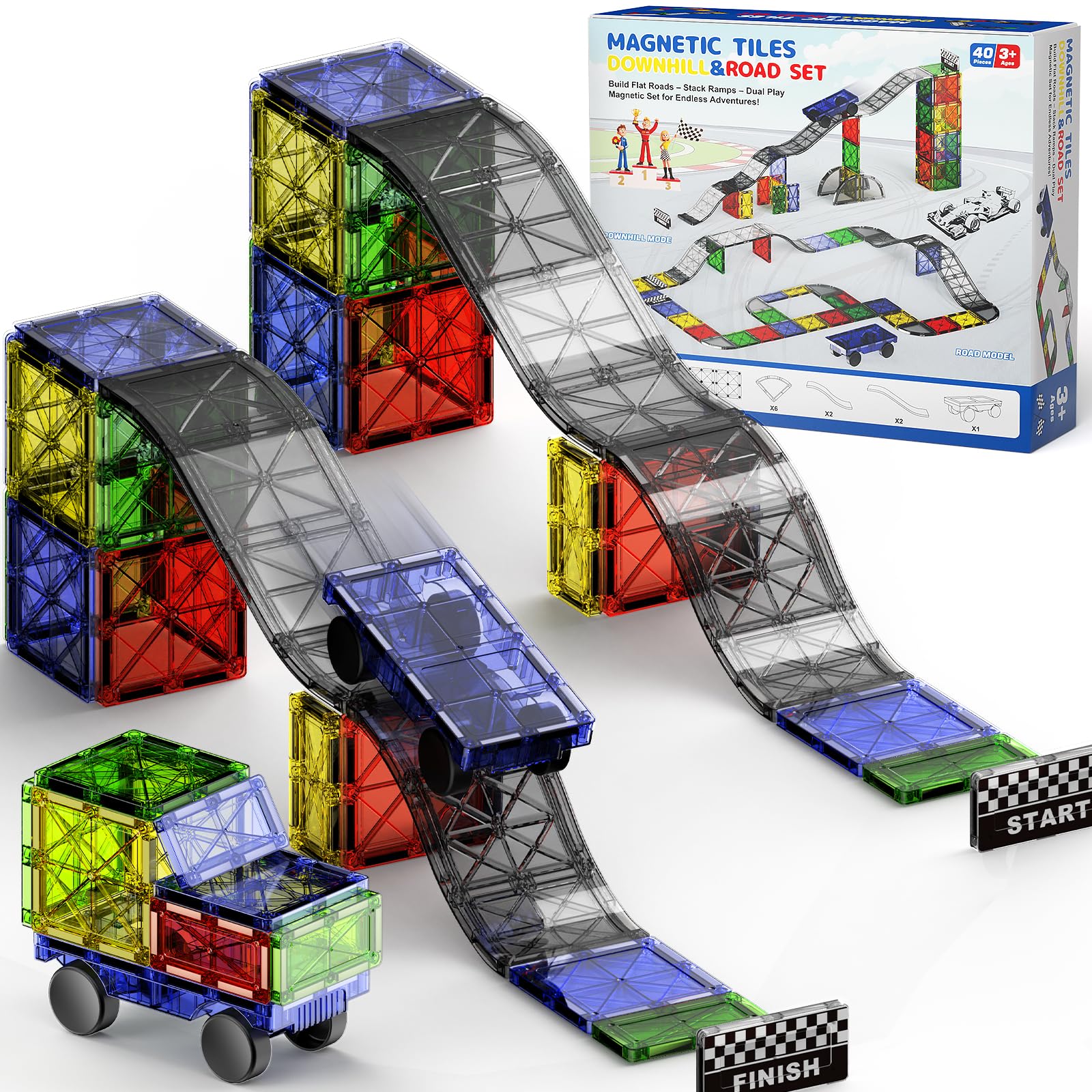 WMXDU 2-in-1 Magnetic Tile Downhill & Road Set - 40PCS Magnetic Building Blocks with Car, Montessori Preschool Toys for 3+ Year Old Boys & Girls, Ideal Sensory Toys for Toddlers