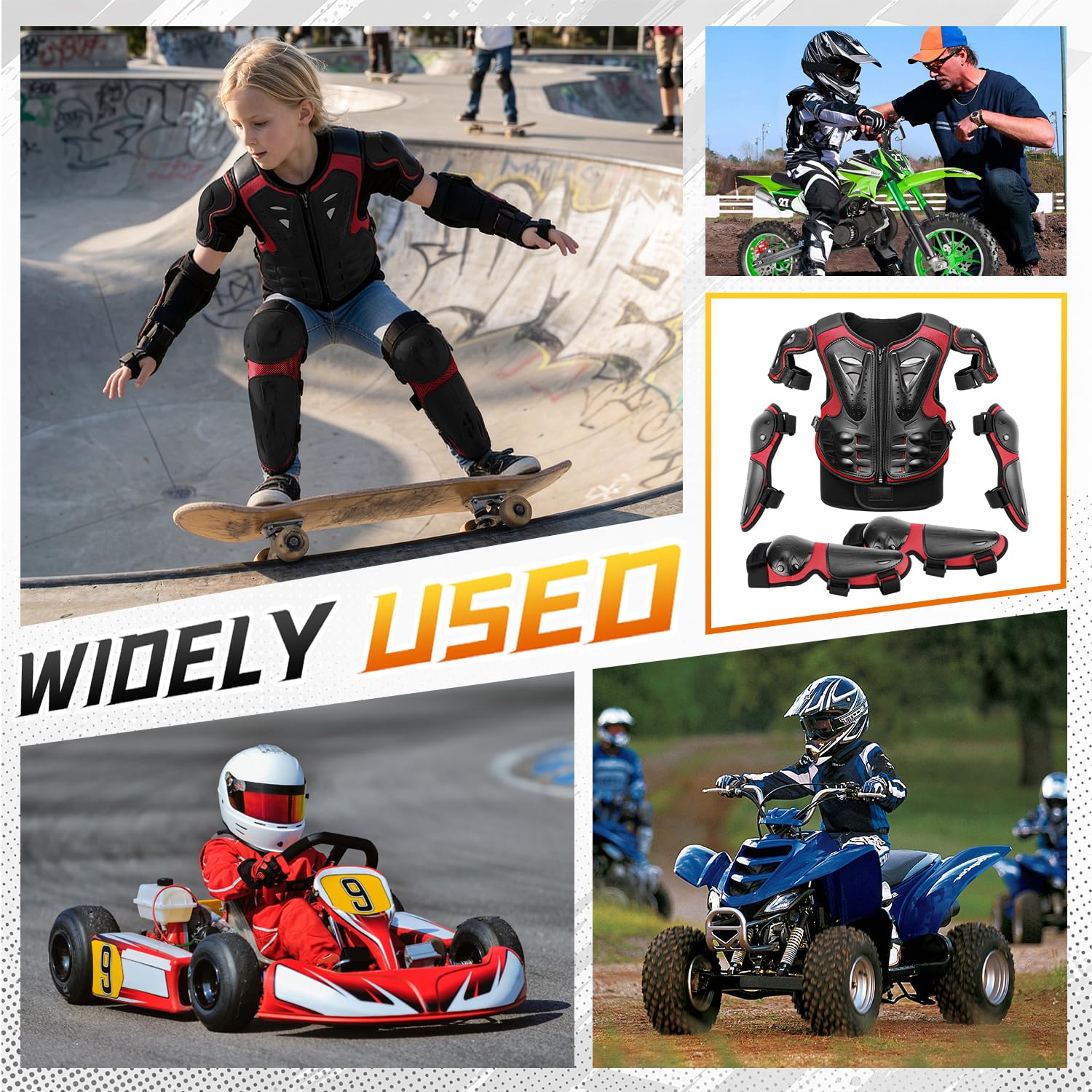 Peto Motocross Niño – Kit de Protección Corporal Ajustable con Protector de Espalda, Rodilleras y Coderas para MTB, BMX, Dirt Bike, Skate, Patinete