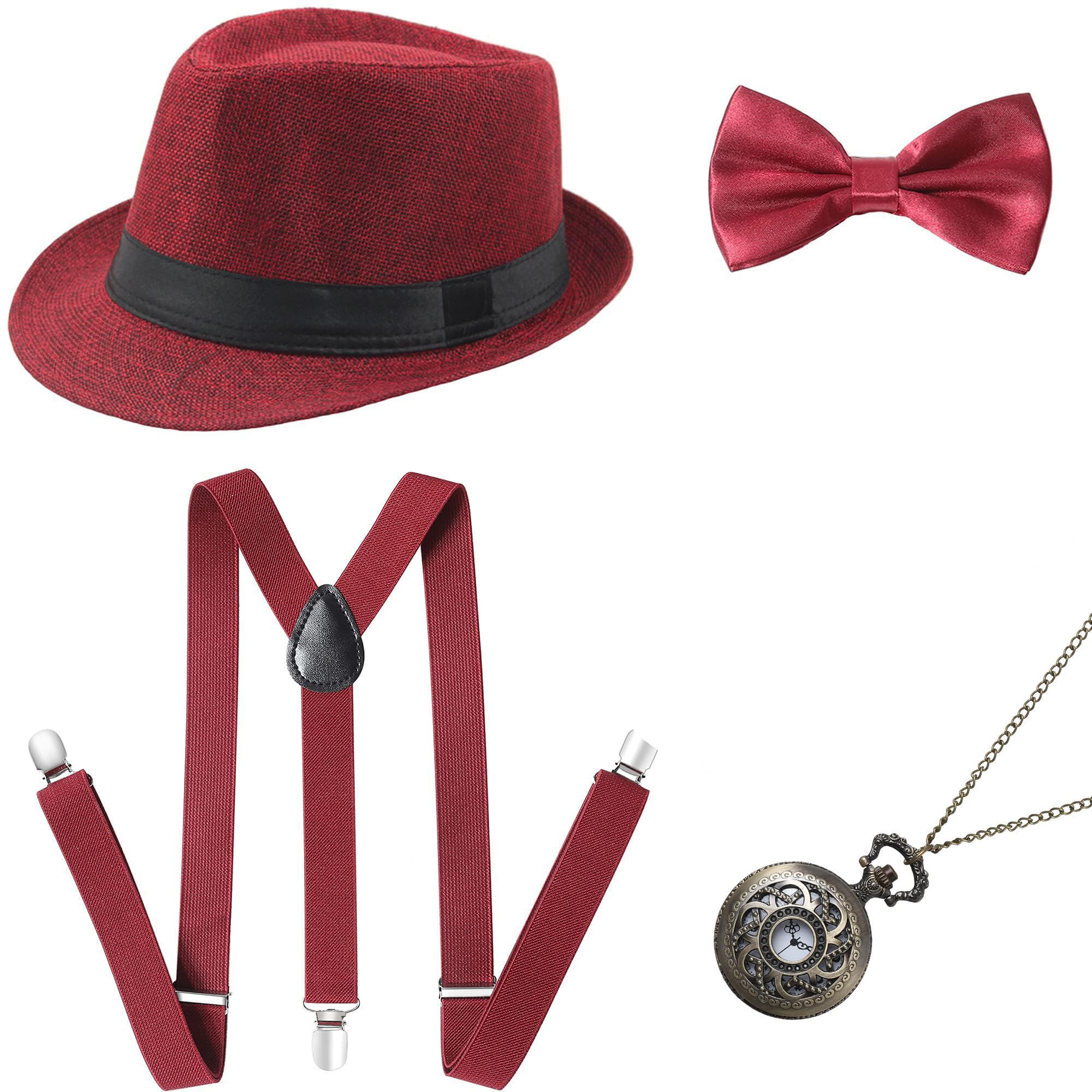 BABEYOND 1920s Mens Gatsby Gangster Accessories Set Panama Hat Suspender Bow Tie