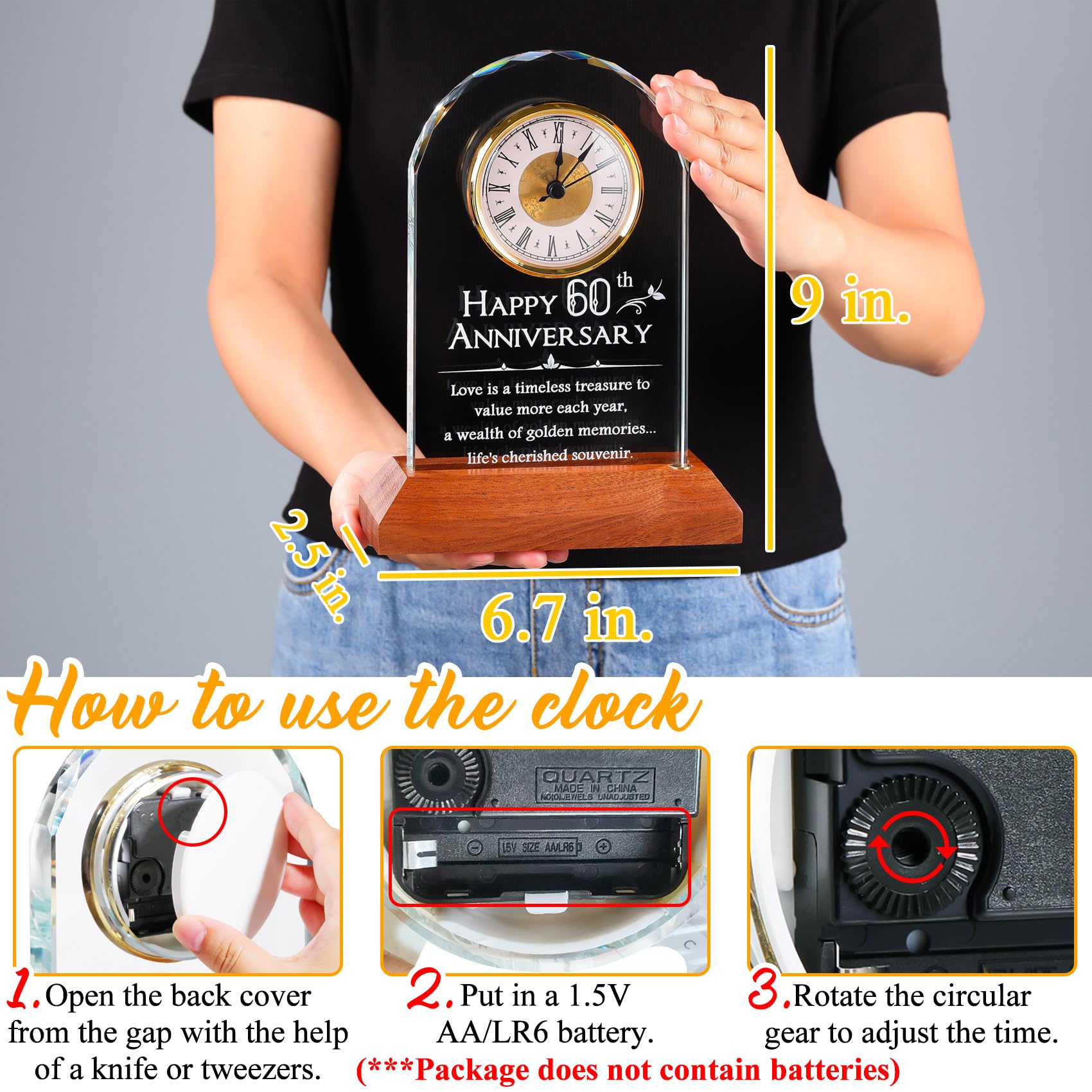 YWHL 60th Wedding Anniversary Clock Gifts for Parents Grandparents, 60 Years Anniversary Couple Gift, Table Clock Glass Presents with Wooden Light Base for Home Decoration (Battery not Included)