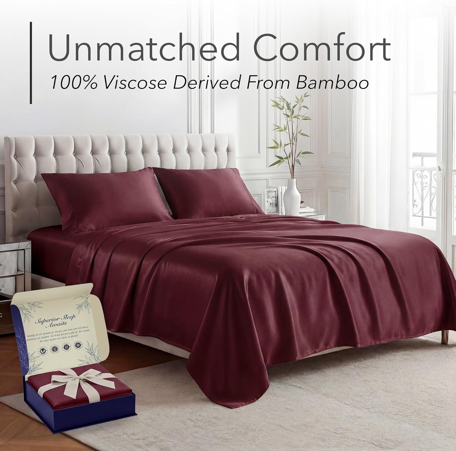 DECOLURE 100% Viscose Derived from Bamboo Sheets King Size - Luxury 4 Pc Naturally Cooling Sheets, Ultra Soft Bed Set - Deep 17" Pockets, Durable Double Stitching, Oeko Tex Standard (Burgundy) - Image 2