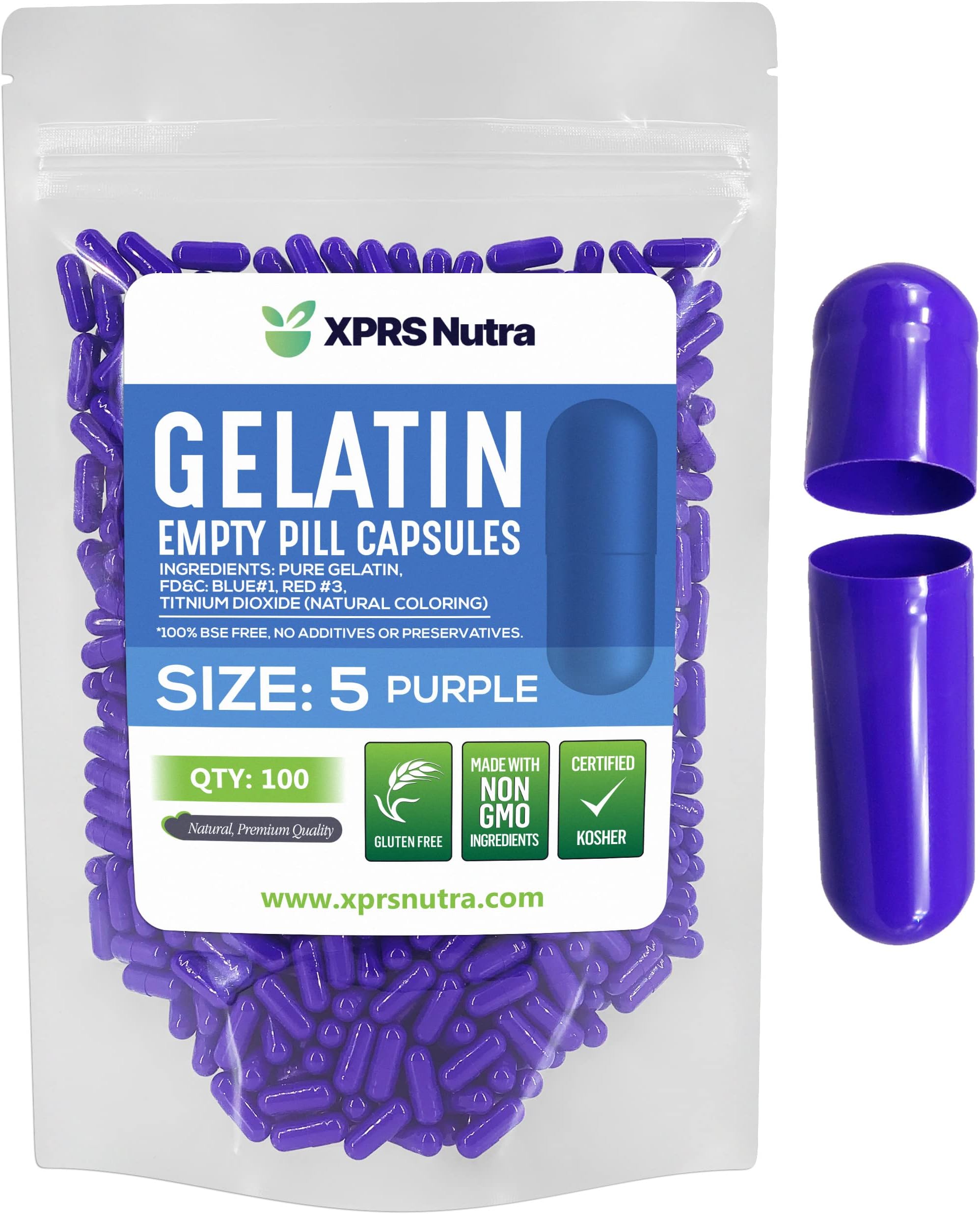 XPRS Nutra Size 5 Empty Capsules - 100 Count Very Small Empty Gelatin Capsules - Empty Pill Capsules - DIY Capsule Filling - Fillable Pill Capsules Empty Gel Caps (Purple)