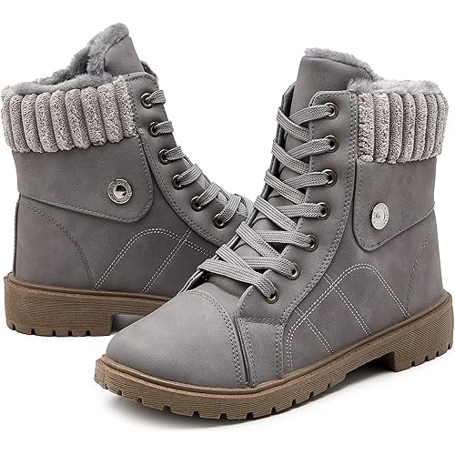 Waluzs Women's White & Black Ankle Combat Boots - Fuzzy Lace Up Snow Boots For Winter