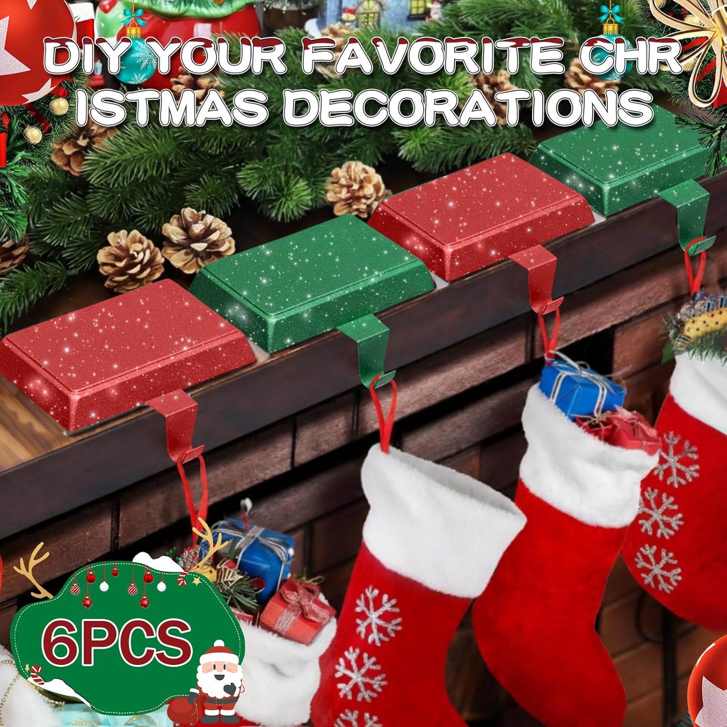 4 Pcs Red,Green Christmas Stocking Holders for Mantle, Lengthening Weighted Stocking Hangers Heavy Duty Christmas Holders Hooks for Wreath Fireplace Mantle Xmas Holiday Party Decoration