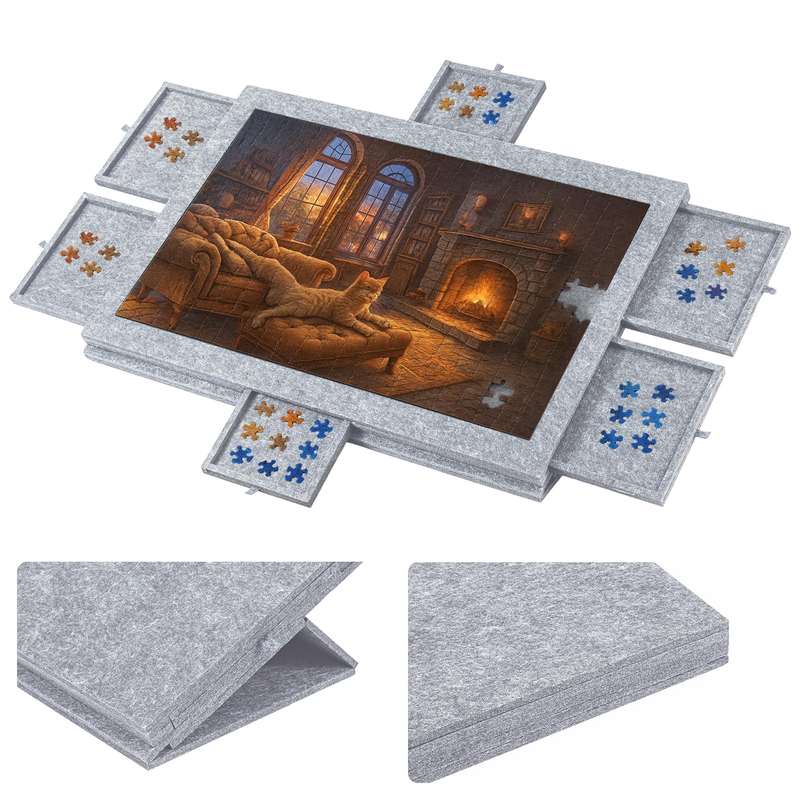 Puzzle-Aufbewahrungsbrett mit 6 Schubladen – Neigbare Puzzle-Platte aus Filz für bis zu 1000 Teile – 2-in-1 Puzzletisch mit Ständer & Abdeckung – Leicht & tragbar für Erwachsene & Kinder (Light Grey)