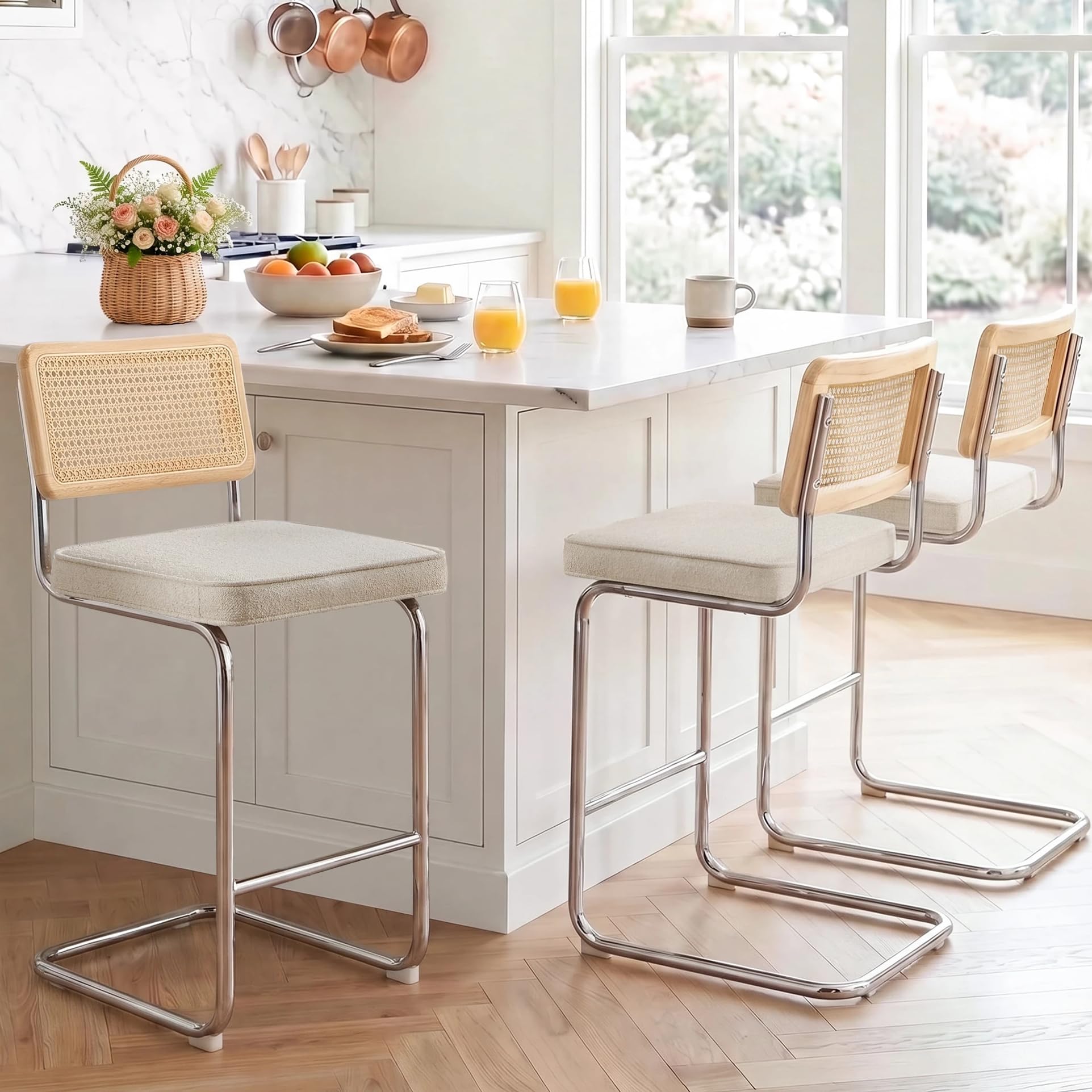 Zesthouse Natural Rattan Bar Stools Set of 3, 26" Modern Boho Counter Stool