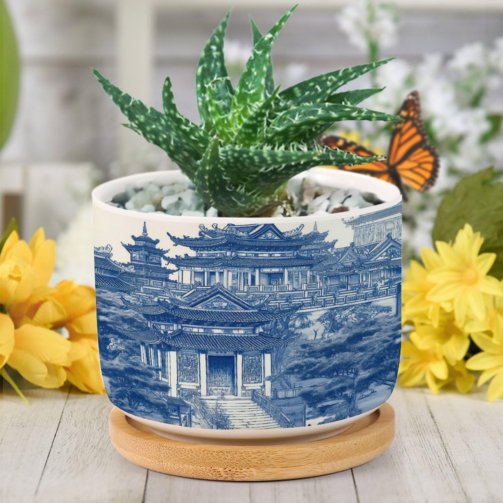 Planters Ceramic Chinoiserie Blue And White Porcelain Pattern Ceramic Pots with Drainage Holes Round Flowerpot Bamboo Tray Plant Pots for Succuelnt
