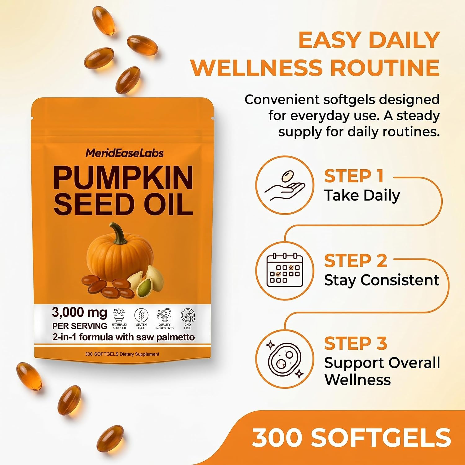 MeridEase Labs Pumpkin Seed Oil with Saw Palmetto, 2-in-1 Formula, Supports Hair Growth, Bladder & Prostate Health, 300 Softgels (1 Pack)