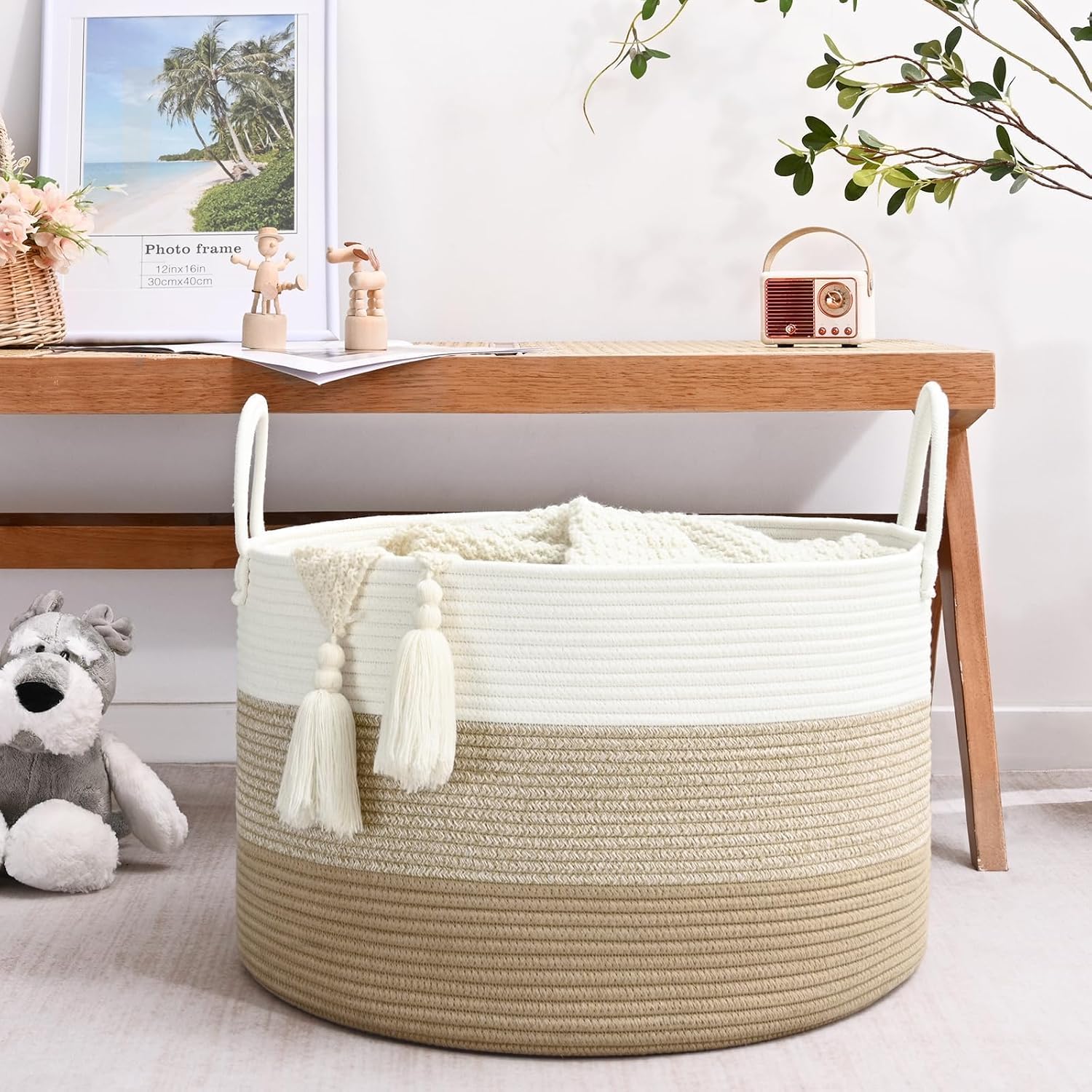 67L Large Woven Blanket Basket, Cotton Rope Baby Laundry Hamper with Handles, Kids Toy Basket for Classroom & Nursery, Soft Round Stuffed Animal Storage, Dog Toy Bin - 20"x13", Gradient Brown image 2