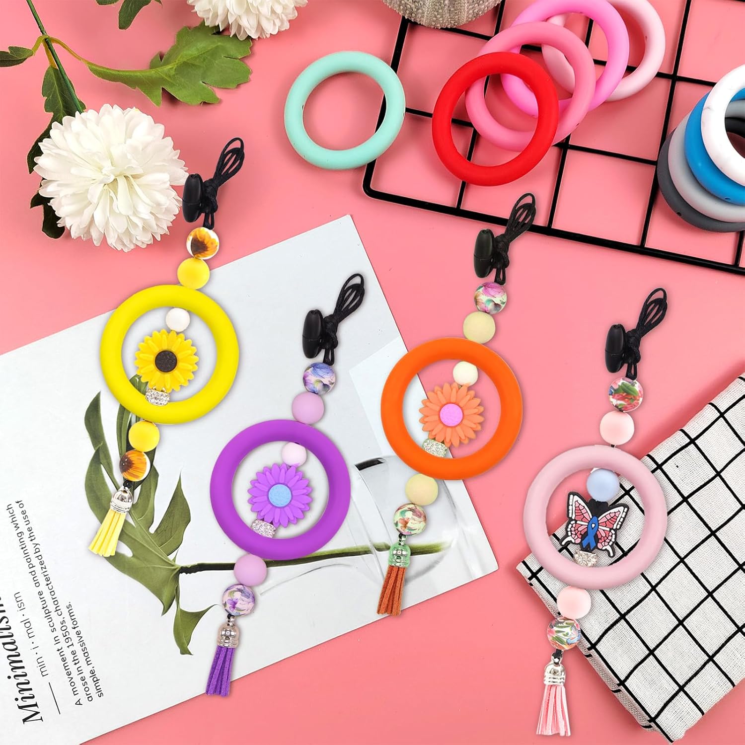 AIHSUMC 16 Pcs Silicone Beadable O Ring 65mm Round Silicone Loop with 2 Hole, 16 Colors Beadable Focal Frame Silicone Pendants Silicone Beads DIY Handicrafts Keychains Necklaces Hanging Ornament - Image 5