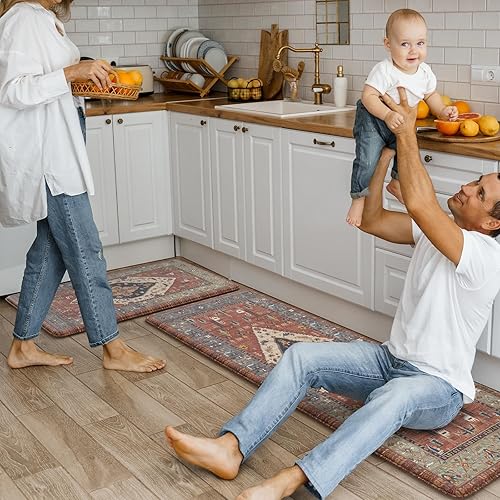 Vista 537 de KIMODE - Juego de 2 tapetes de cocina bohemios, antifatiga, antideslizantes, impermeables, ergonómicos, acolchados, cómodos, para lavandería, Caqui