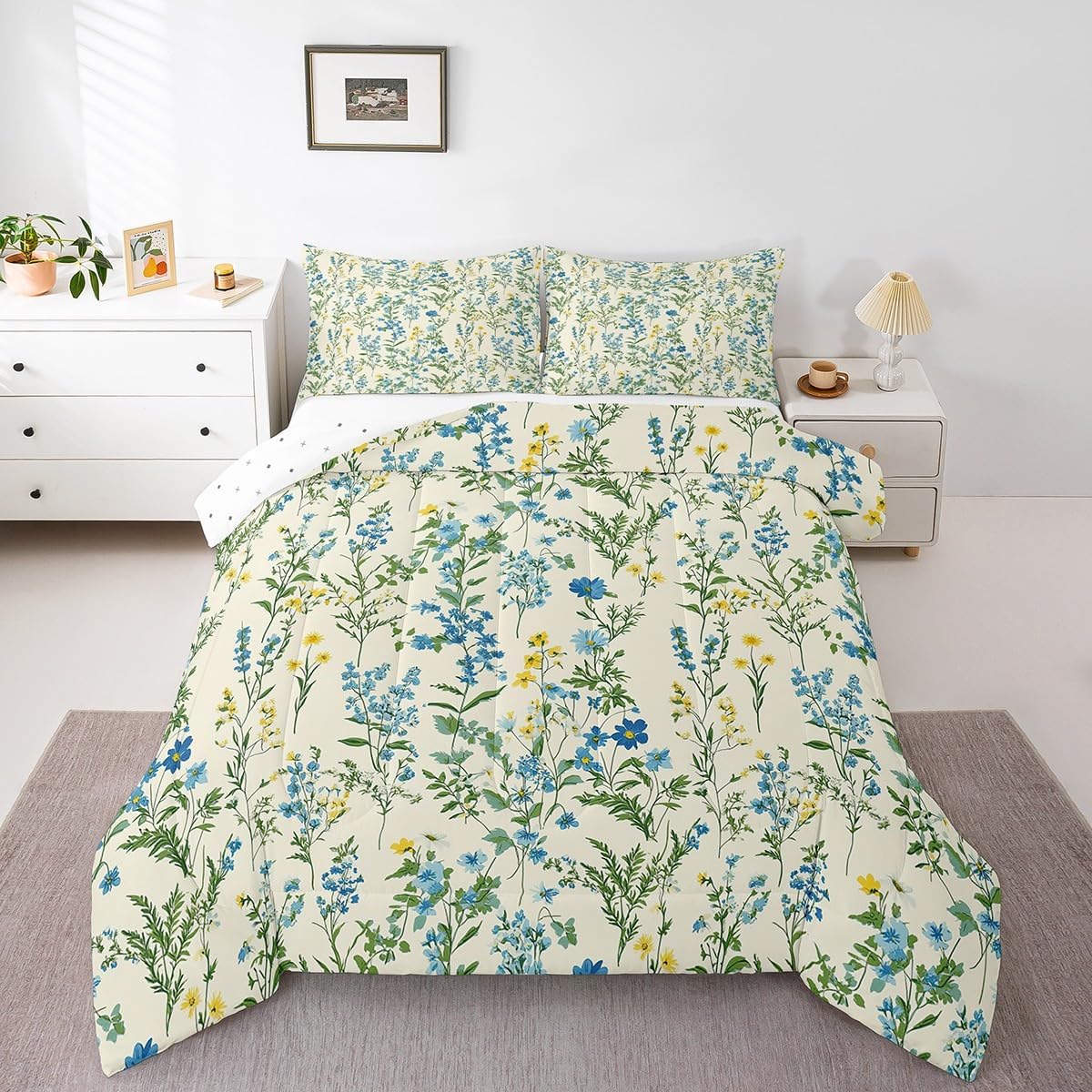 Erosebridal Full Wildflower Comforter Set, Blue and Yellow Floral Bedding Set for Kids Teens Adult, Green Leaf Plant On Beige Duvet Insert Country Farmhouse Botanical Quilt with 2 Pillow Cases