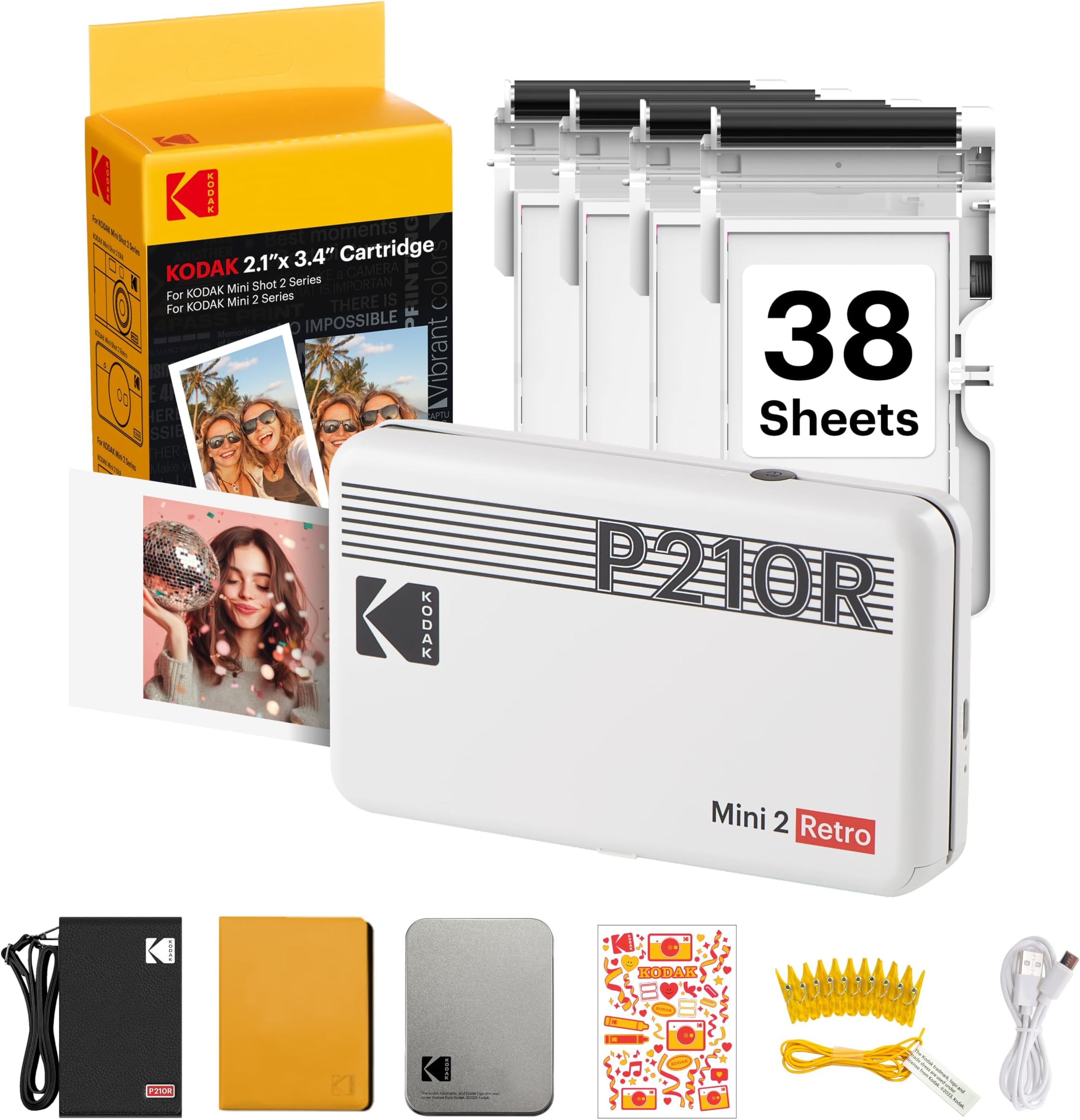 KODAK Mini 2 Retro 4PASS Portable Photo Printer (2.1x3.4 inches) Initial 8 Sheets + 30 Sheet Pack, Gift Bundle, White