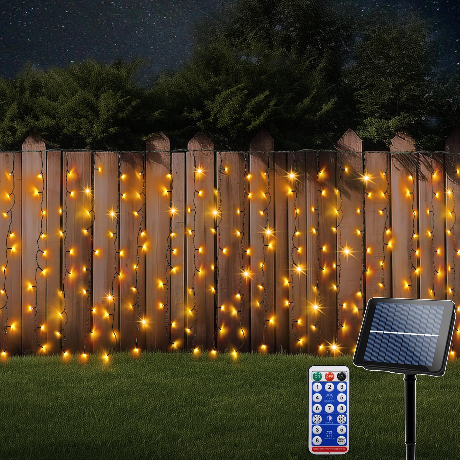 Cortina de luces solares para exteriores, 10 m x 1 m, 500 luces LED con control remoto, alambre verde, cascada, guirnalda de luces para jardín, patio, valla, cenador, decoración, color blanco