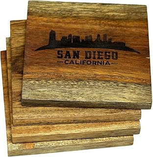 San Diego Coasters, San Diego Skyline Drink Coasters – San Diego Gifts & Souvenirs, Engraved Acacia Wood Coasters with San Diego Skyline Design – San Diego Themed Gifts, California Gifts (Set of 4)