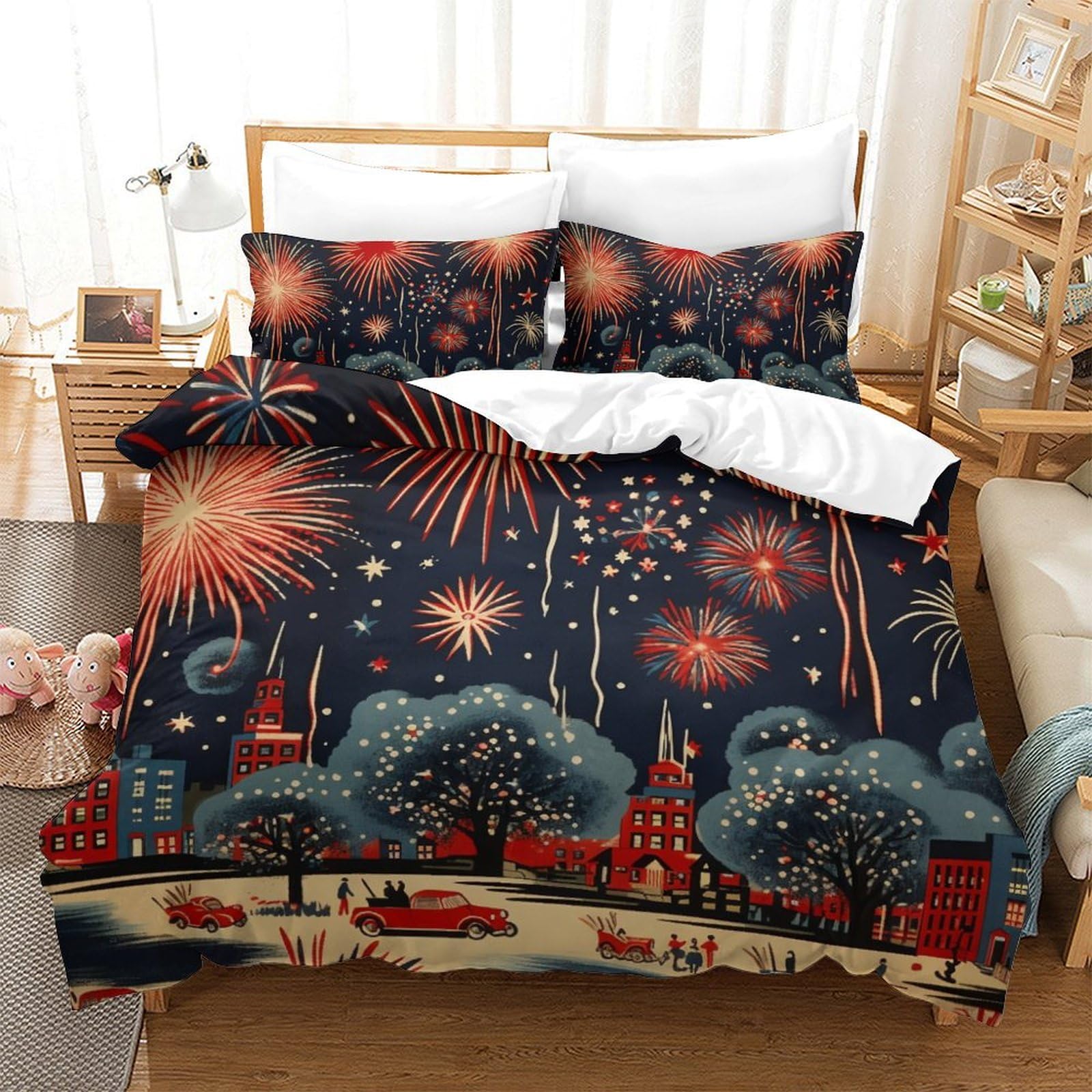 Housse de couette 220 x 240 cm Fireworks anti-glissement avec fermeture éclair taies