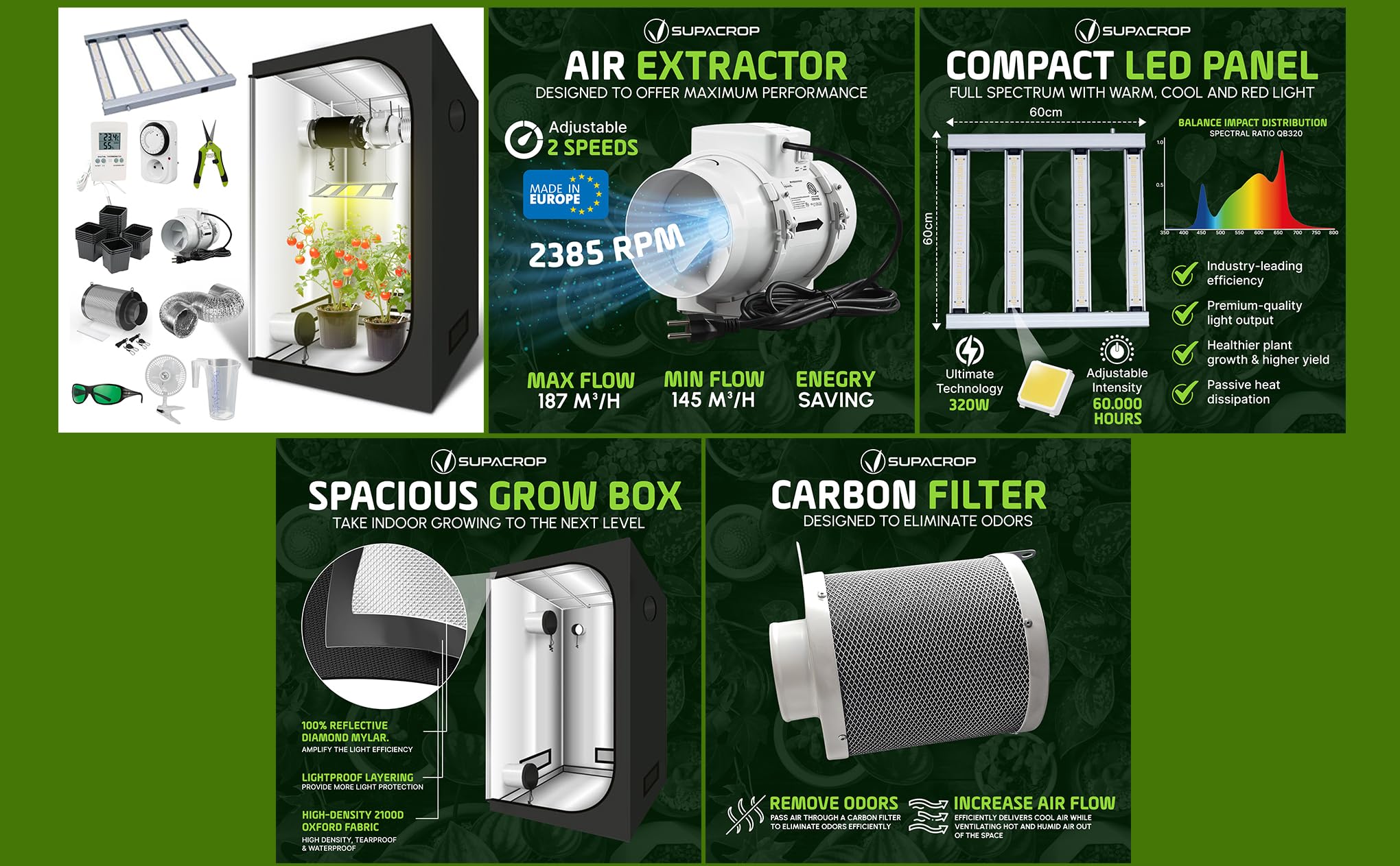 Pack Chambre de Culture Indoor Complet LED 320W Full Spectrum - 80x80x160cm. Kit Box LED dimmable, Timer, Extracteur d'air, Filtre à Charbon et Ventilateur…