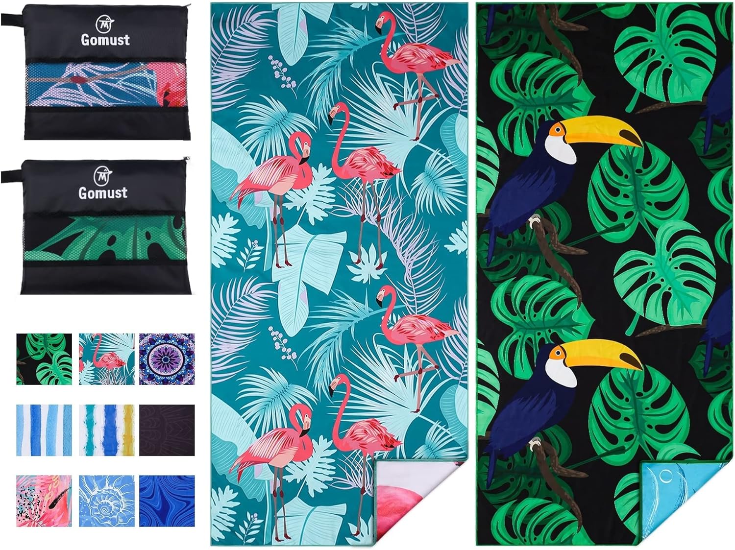 Product image of 2 Pack Lightweight Thin Beach Towel Oversized 71"x32" Big Extra Large Microfiber Sand Free Towels for Adult Quick Dry Travel Camping Beach Accessories Vacation Essential Gift Flamingo Toucan