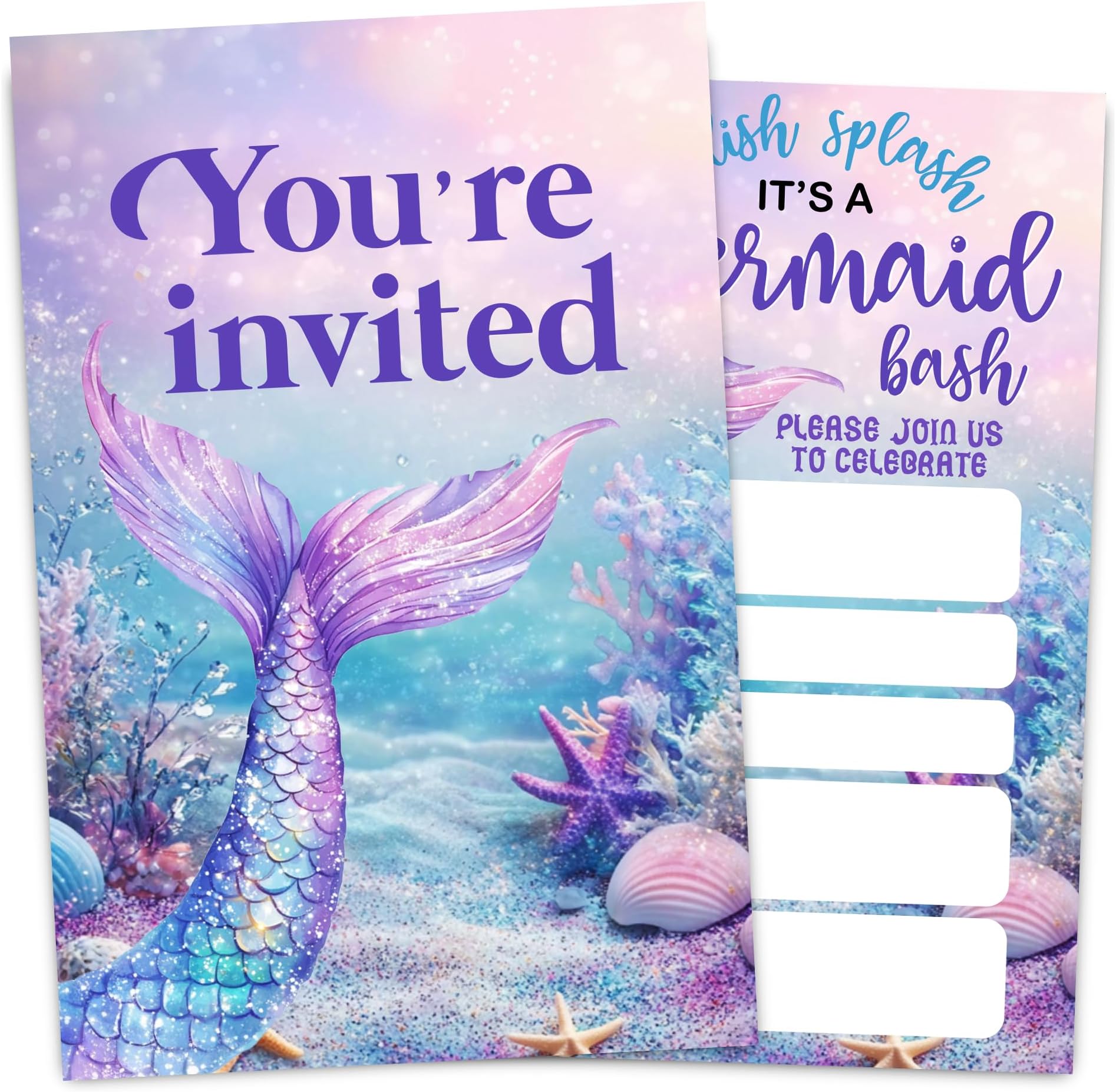 VIVORA Mermaid Birthday Invitation Card for Boys Girls, Mermaid Birthday Party Invites, 30 Cards & 30 Envelopes, 4x6 Inches, Double-Sided