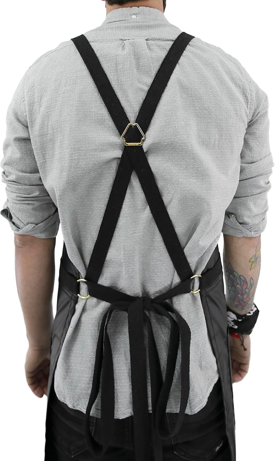 Under NY Sky Cross-Back Black Apron – Golden Hardware, Coated Twill, Leather Reinforcement, Split-Leg – Adjustable for Men, Women, Pro Barber, Tattoo, Hair Stylist, Barista, Bartender, Server Aprons - Image 4