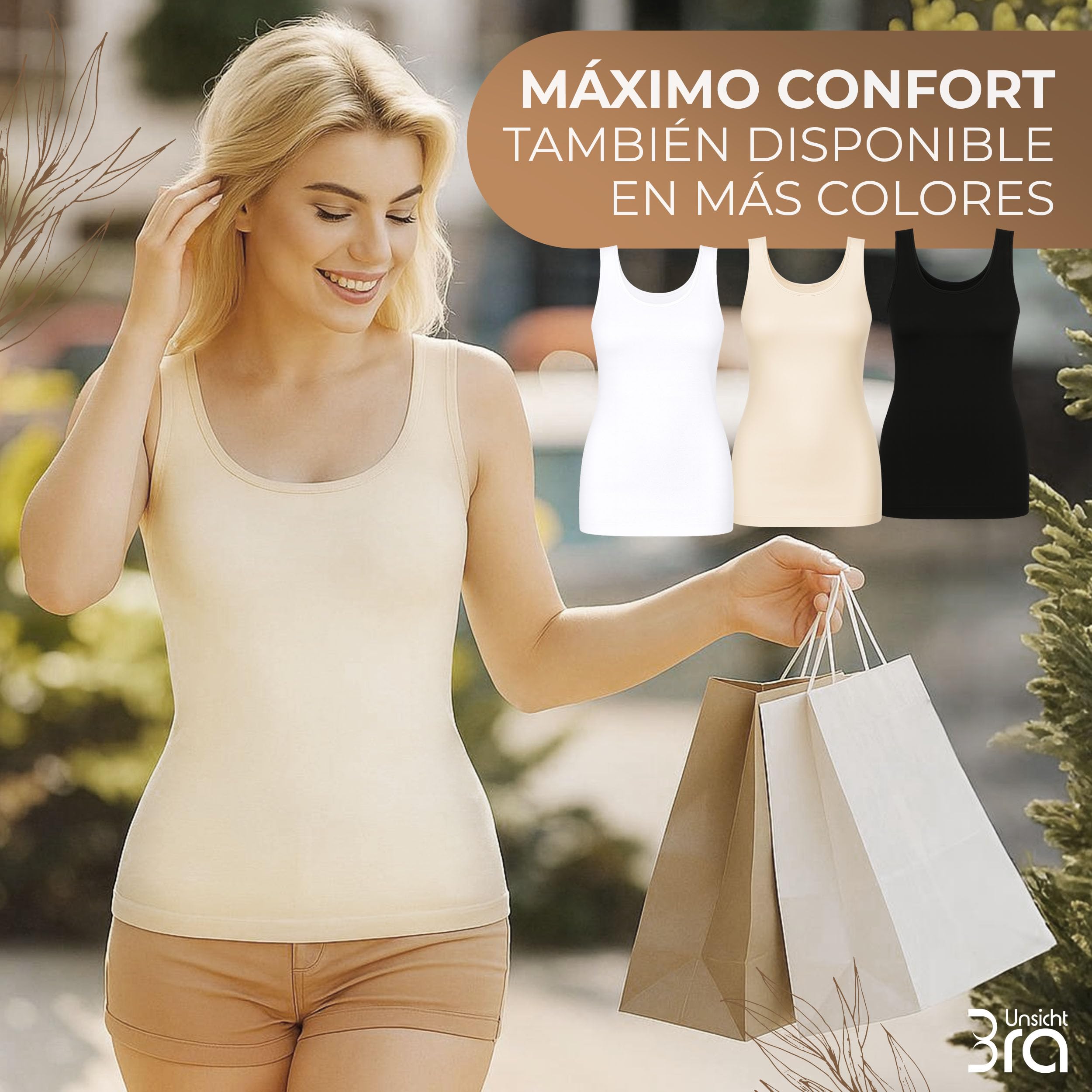 UnsichtBra Pack de 3 Camisetas Interior Mujer Tirantes Anchos | Top Ajustado y Moldeador Ligero | Camiseta Reductora Shapewear Cómoda – Negro, Blanco, Beige