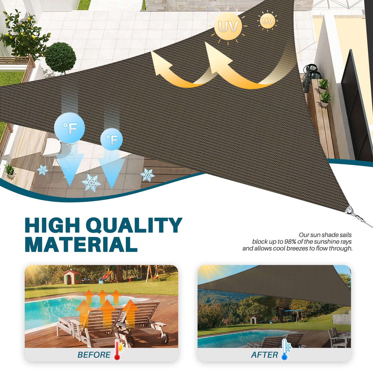 COARBOR 25' x 35' x 43' Right Triangle Sun Shade Sails Wire Rope Hemmed All Edges Strong Double Stitched Seam Super Heavy Duty Perfect for Patio Deck Yard Garden-Brown