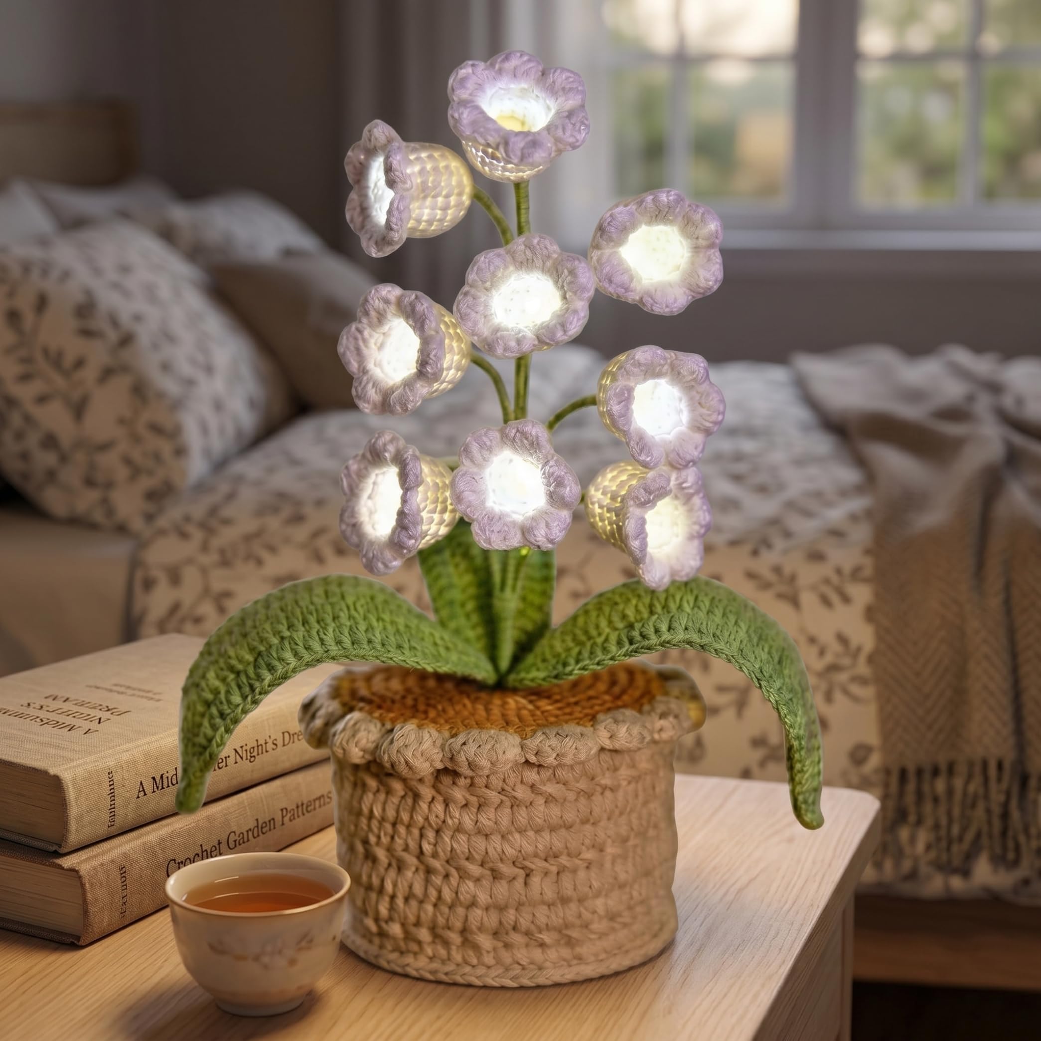 Faticenic Crocheted Flowers, 9-head Crocheted Lily Of The Valley Lamp, Handcrafted Flower Light With Led Strings - White, Lily Of The Valley Lamp, Garden Décor