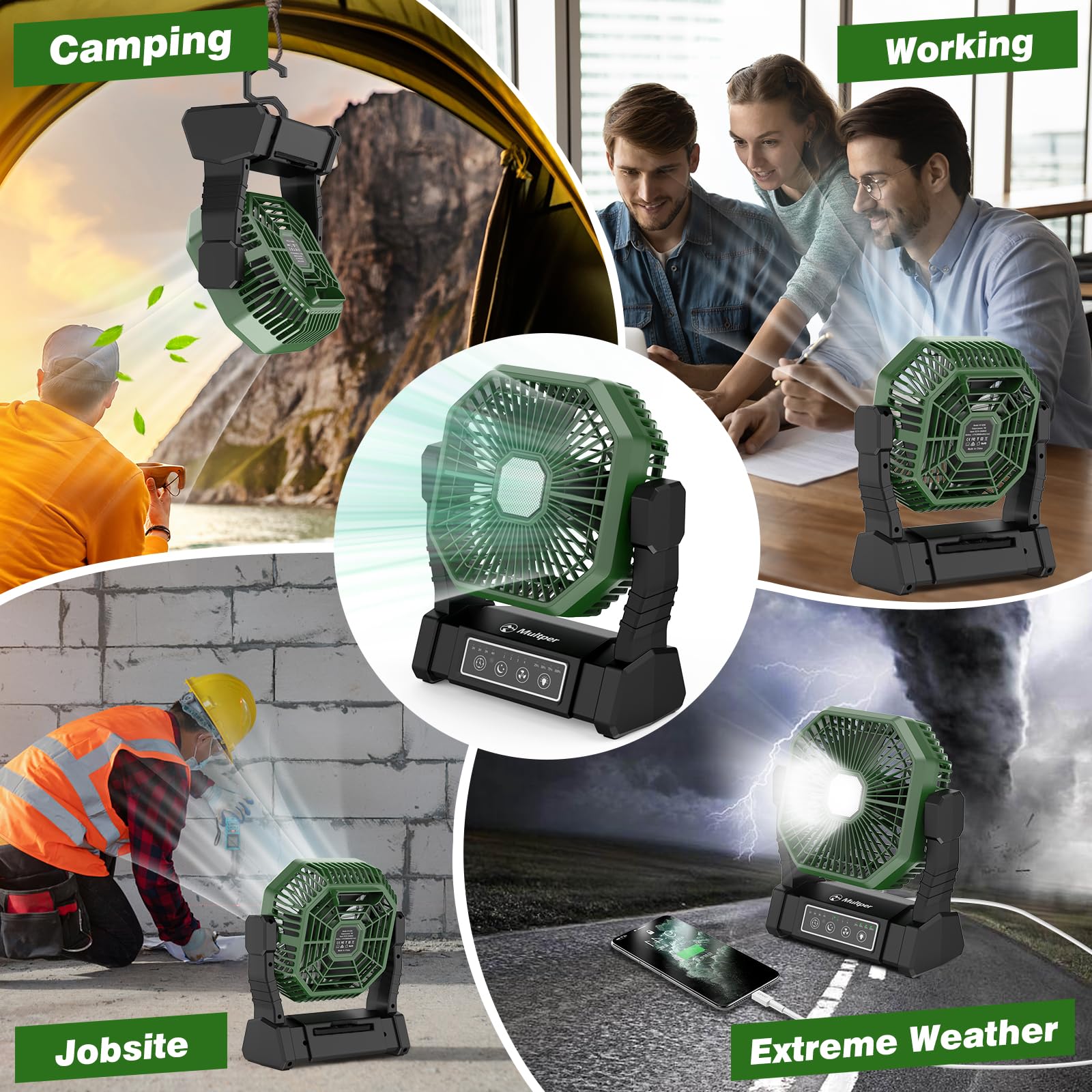 Multper Ventilateur de Camping 10000mAh Portable Rechargeable 4 Vitesses, Ventilateur USB Silencieux avec Lumière LED, Télécommande et Crochet pour Camping, Bureau et Maison