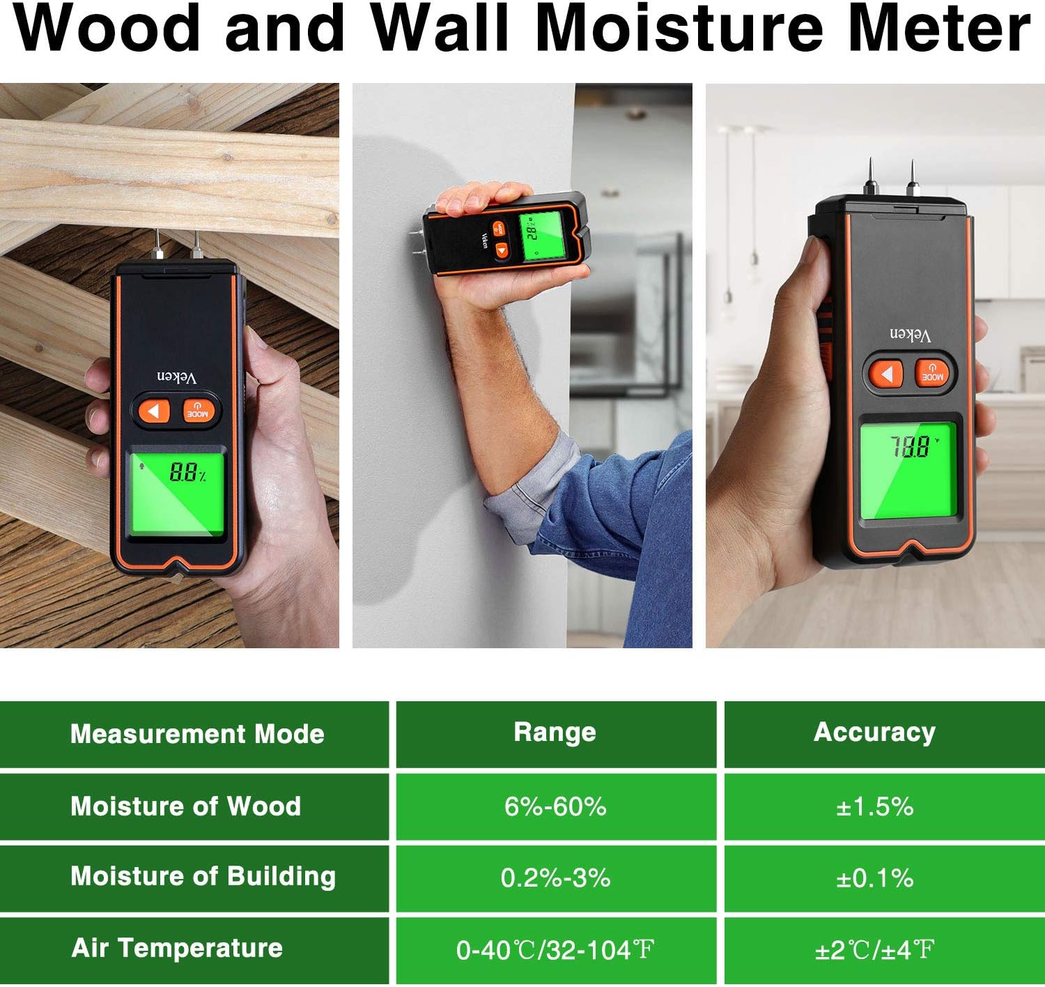 Veken Stud Finder Wall Scanner, Pin-Type Wood Moisture Meter, 6 In 1 Electronic Wall Detector For Studs, Metal, Wood, Live AC Wire, Provide Accurate and Quick Readings