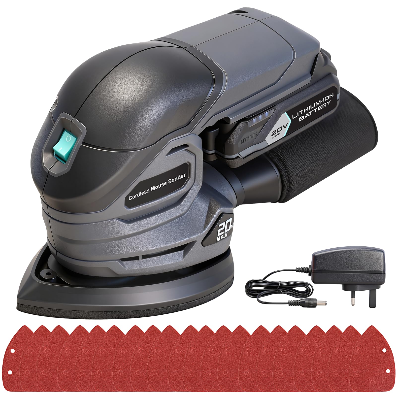 BLUEMARS 20V Cordless Mouse Sander, Mini Handheld Electric Palm Sander for Wood,Drywall,Floor, 20Pcs Sandpapers, 12000 RPM Detail Sanders with Dust Collector, 2.0AH Battery and Charger Included