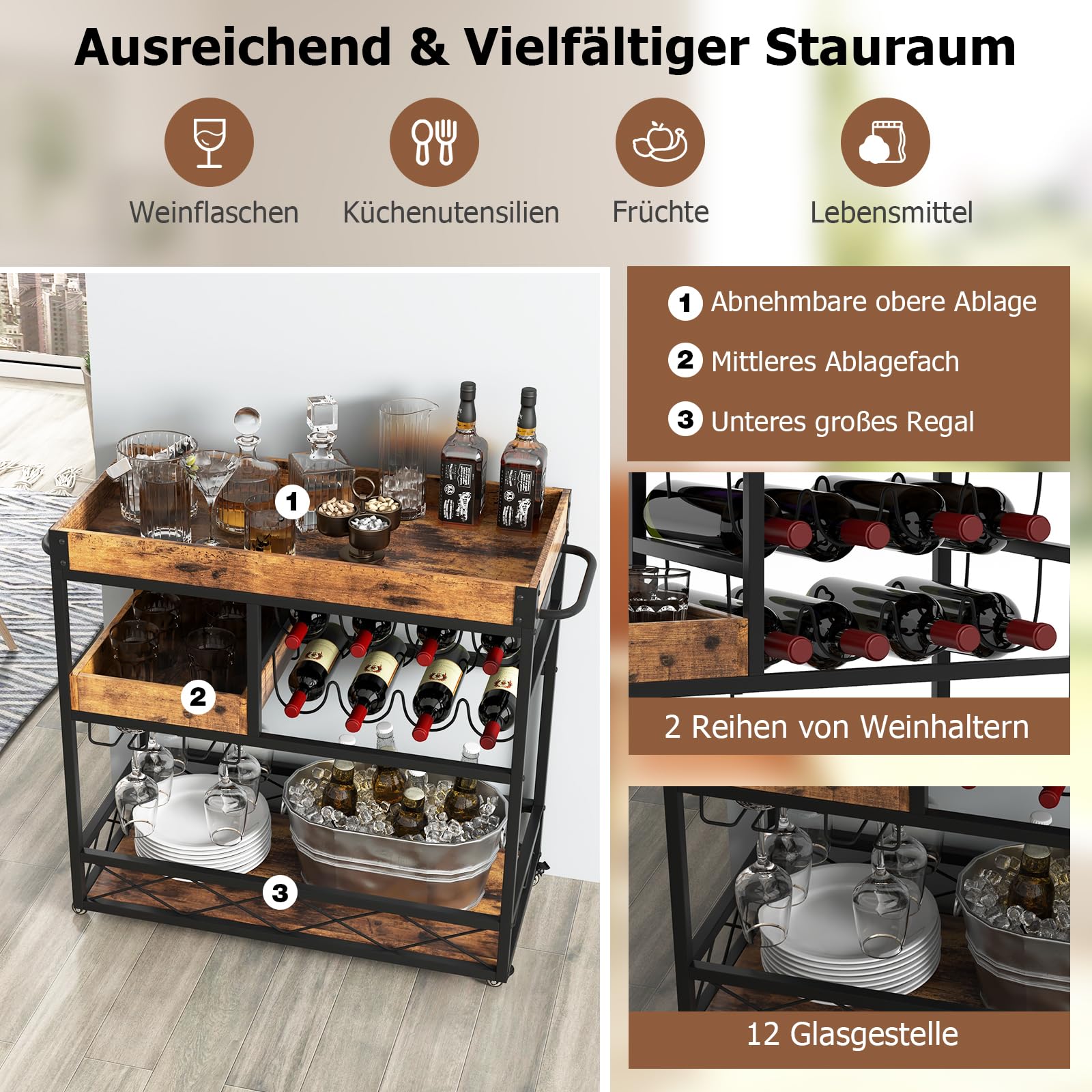 GOPLUS 3-stöckiger Servierwagen, mobiler Barwagen mit 8-Flaschen Weinregal und 12 Glashalter, Küchenwagen mit Universalrollen, Griffe, Rollwagen Holz für Wohnzimmer & Küche