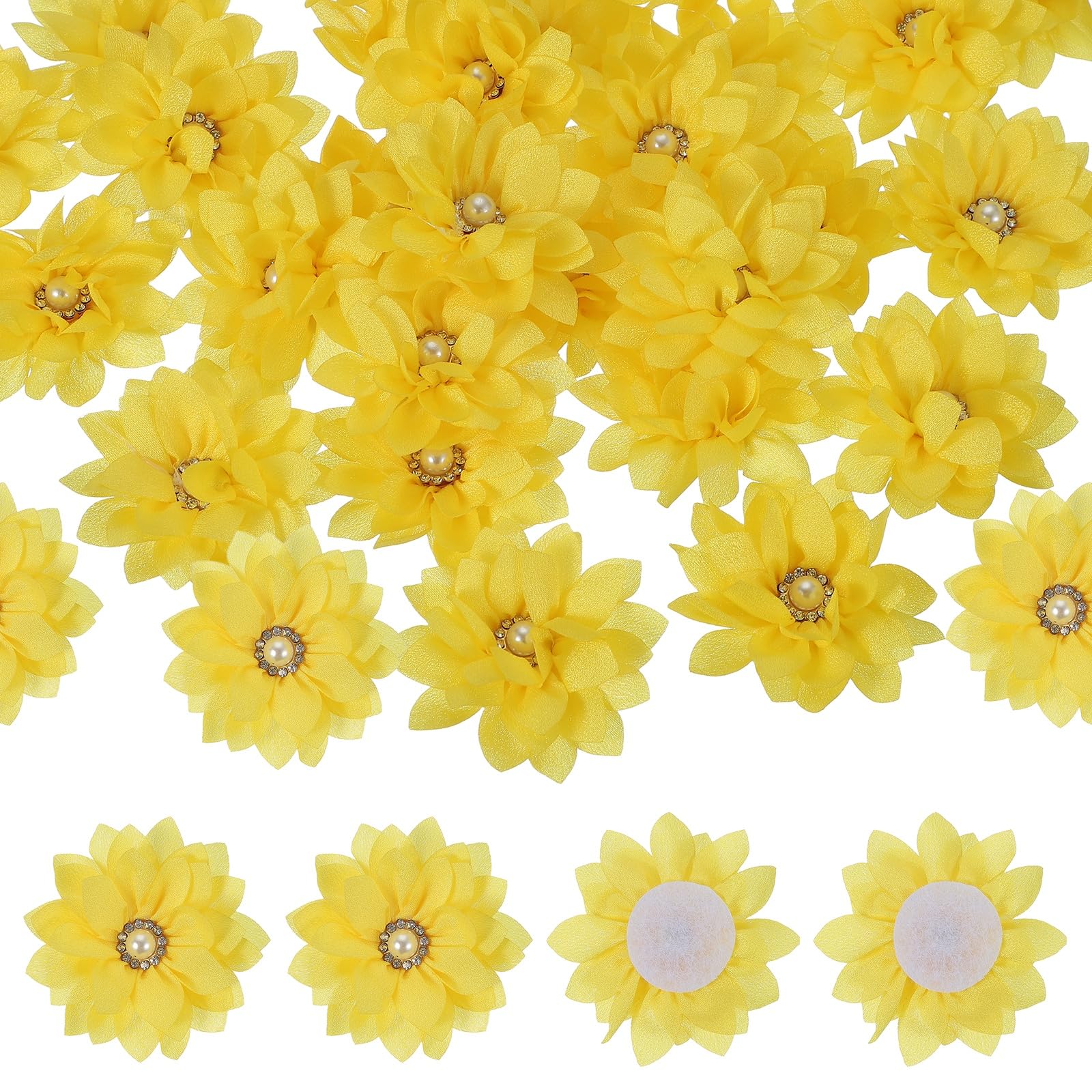 Flores de tela PATIKIL de 2 pulgadas con perlas amarillas para manualidades, 30 unidades