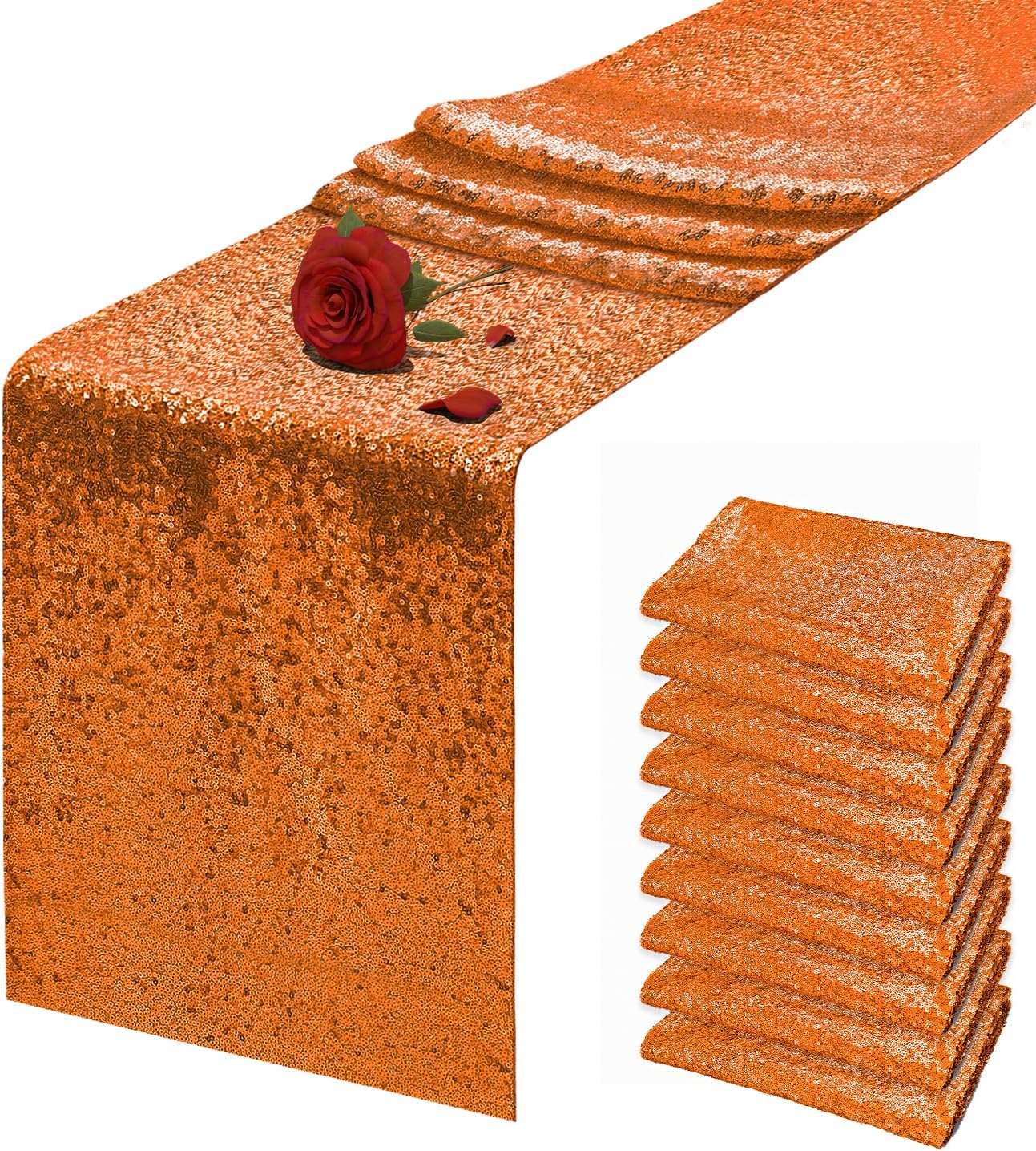 10 Packs 12 x 72 inches Orange Sequin Table Runner, Glitter Runner for Birthday Party Supplies Wedding Holiday Celebration Baby Shower Engagement Anniversary Decor