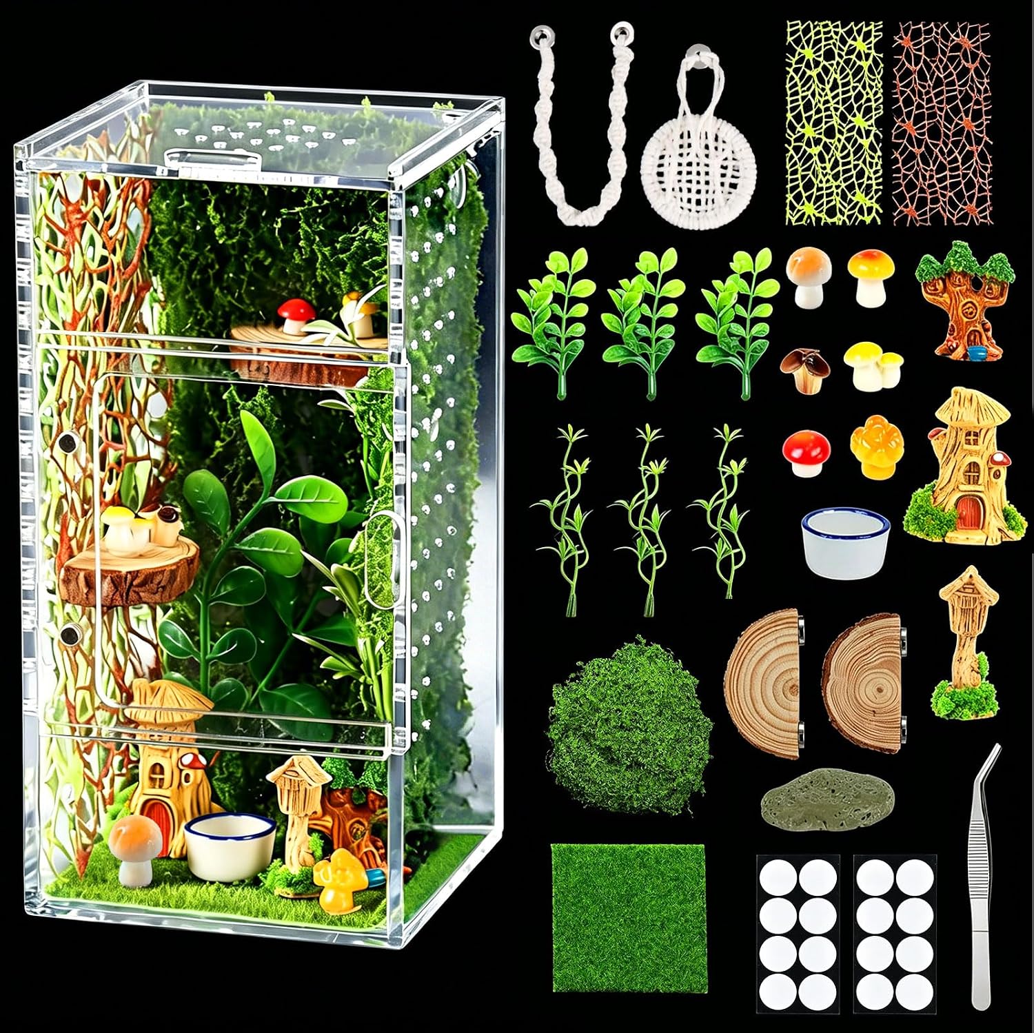 Jumping Spider Enclosure Kit, Magnetic Door Transparent Acrylic Terrariums | Escape Proof Praying Mantis Habitat, Small Reptile Terrariums with 30 Pcs Jumping Spider Accessories for Tarantula, Mantis