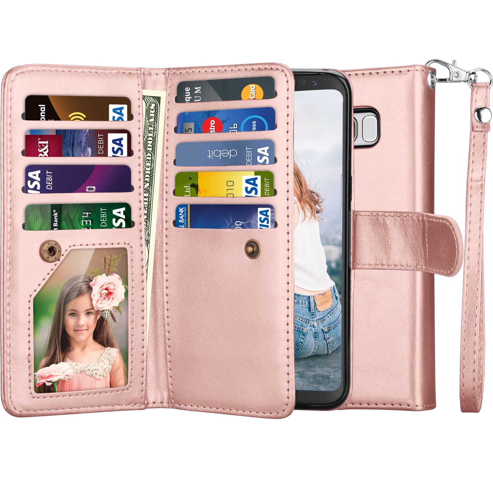 NJJEX for Galaxy S8+ Case, for Galaxy S8 Plus Wallet Case, PU Leather [9 Card Slots] Card Holder Folio Flip Cover [Detachable][Kickstand] Magnetic Case & Wrist Strap for Samsung S8 Plus [RoseGold]