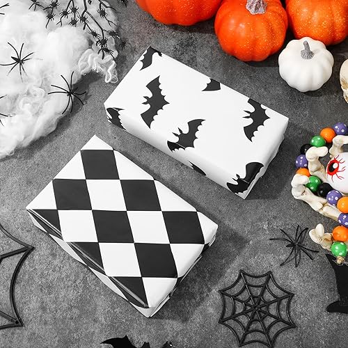 Miniatura 4 de AnyDesign 12 hojas de papel de regalo de Halloween, papel de embalaje de telaraña de fantasma, calabaza y fantasma, papel de embalaje plegado plano