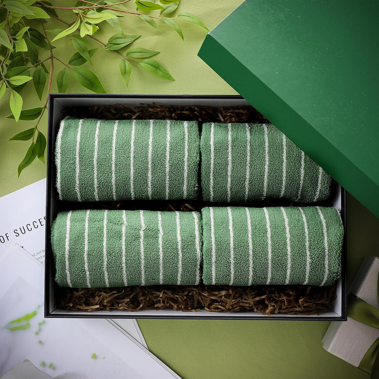 4pcs Green Hand Towels for Bathroom Striped 14 x 29 Inch Hand Towels 100% Cotton Soft Absorbent Bath Decorative for Bathroom Kitchen Spa Workout Festival Gift - Image 5