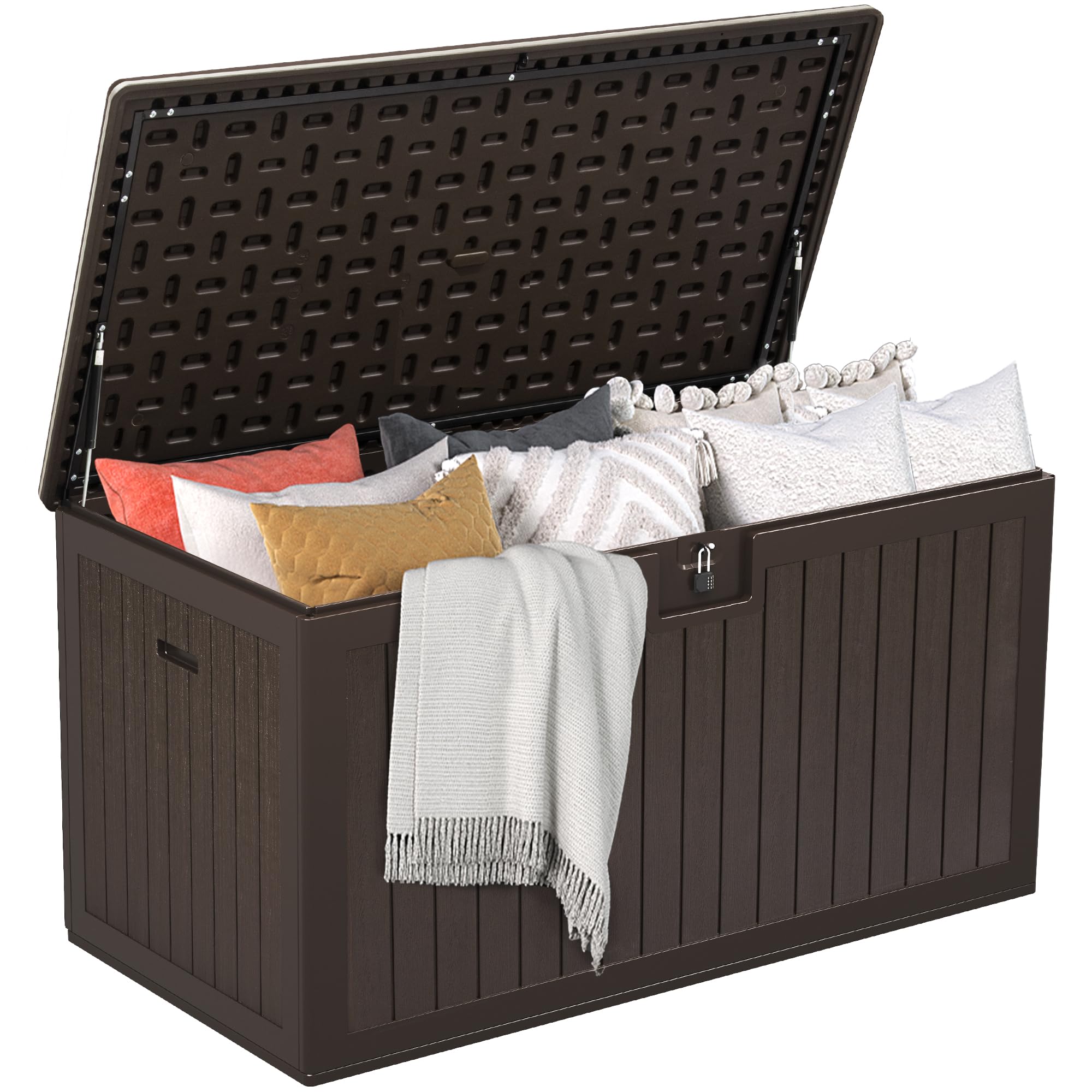 DWVO 567.8L Resin Outdoor Storage Box, Double-Wall Waterproof Deck Box with Wood Texture, Lockable Garden Storage that Doubles as Table or Bench (1000 lbs Capacity)–Brown