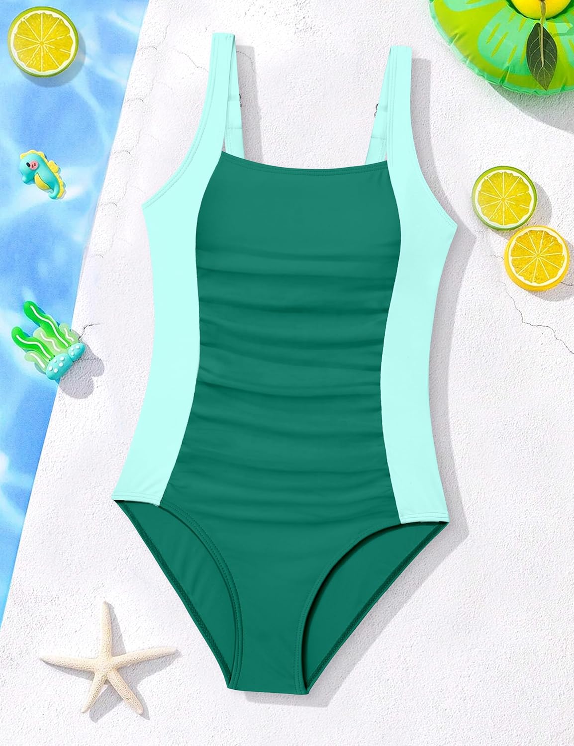 Girl Swimsuit One Piece Bathing Suit for Girls Solid Color Ruched Adjustable Straps Padded Swimwear 9-18y