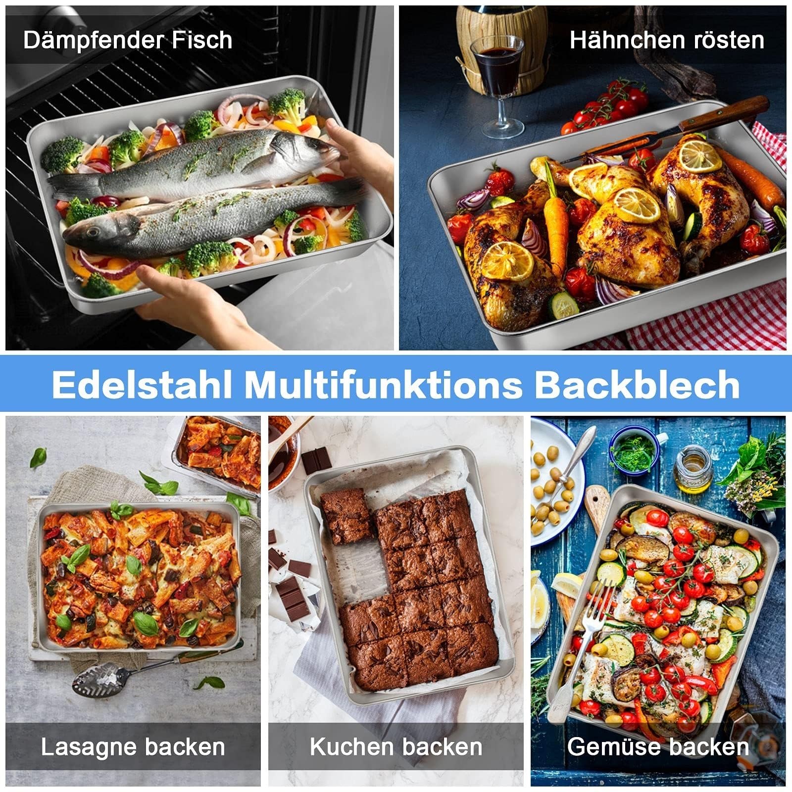 Blacha do pieczenia ze stali nierdzewnej, zestaw 2 prostokątnych tacek do piekarnika do pieczenia, pieczenia i serwowania nadaje się do mycia w zmywarce, polerowana na wysoki połysk, 40,3 x 31,5 x 5,5