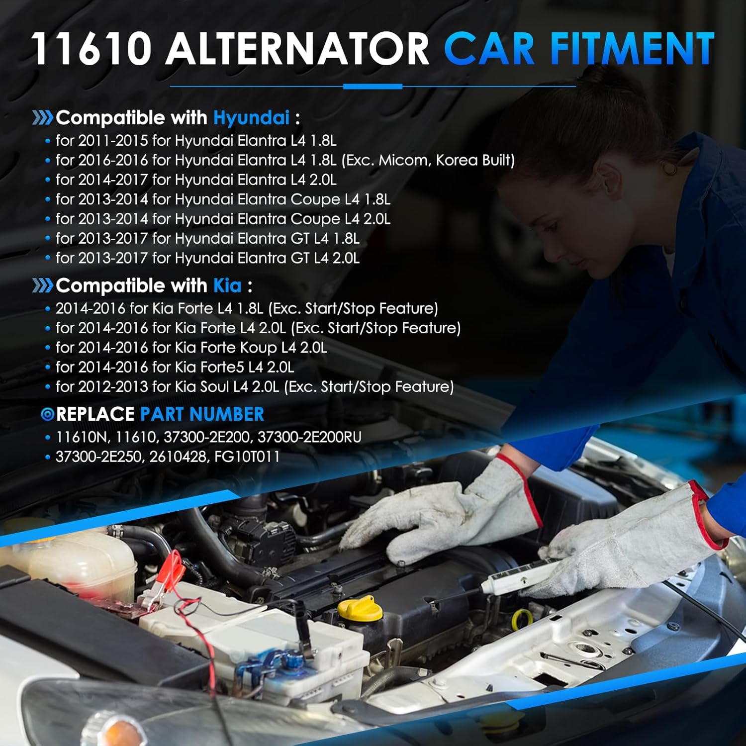 11610 Car Alternators Fit for Hyundai Elantra 11-17, Elantra Coupe 13-14, Elantra GT 13-17, for Kia Soul 12-13, Forte, Forte Koup, Forte5 14-16 Automotive Replacement Alternator 373002E200