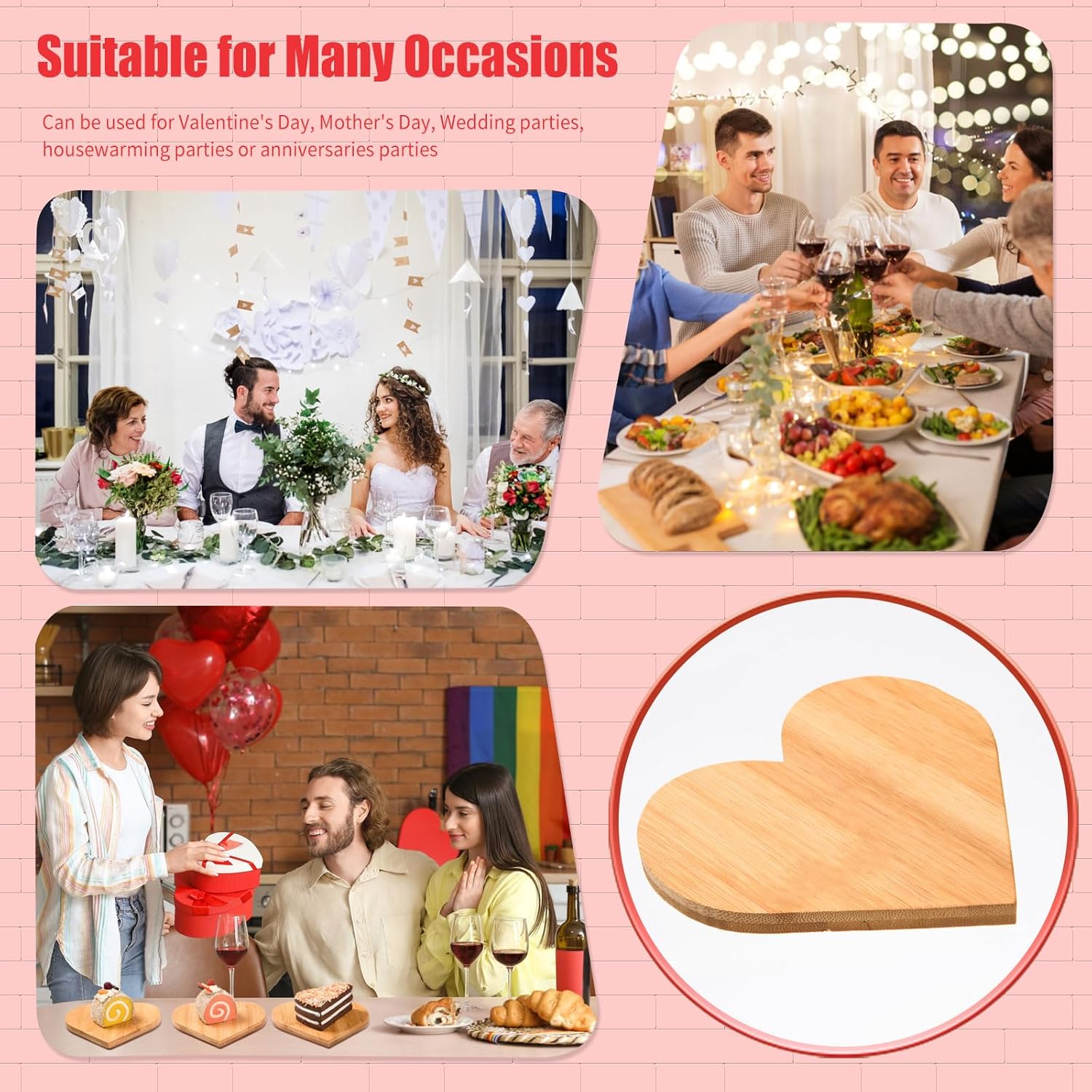 MixTeach 12Pcs Heart Bamboo Cutting Board Heart Shaped Charcuterie Board Wood Valentine's Day Heart Serving Platter Fruit Salad Cookie Cheese Dish Plate for Wedding Anniversary Engagement Party Decor
