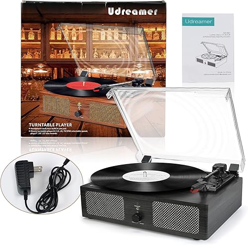 Miniatura 8 de Tocadiscos de vinilo inalámbrico con altavoces integrados y USB accionado por cinturón vintage tocadiscos de 3 velocidades para entretenimiento y