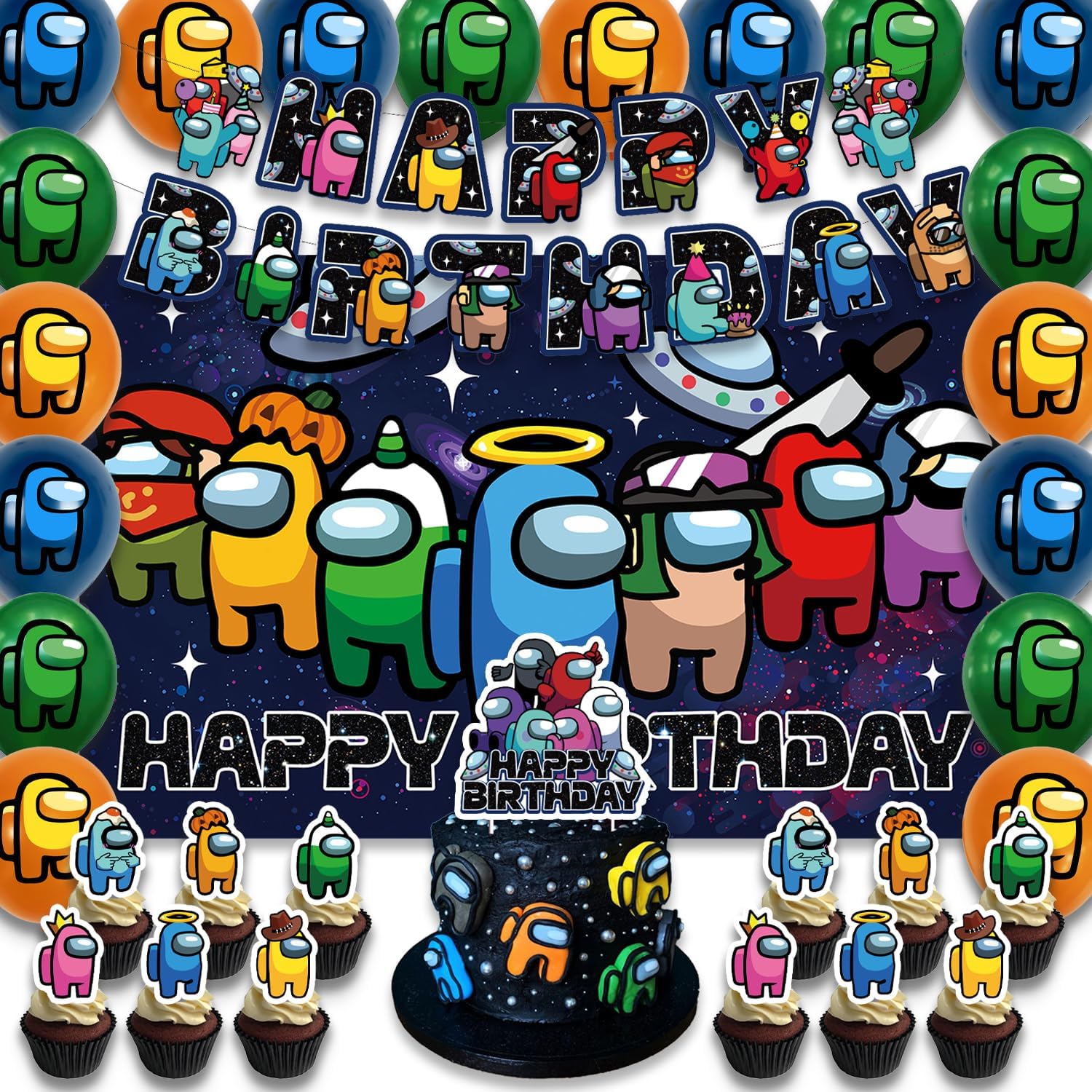 42Packs Among Game Party Supplies Pack Includes，Banner，Cake Topper，Blackdrop,Balloons for Among Birthday Party Decoration