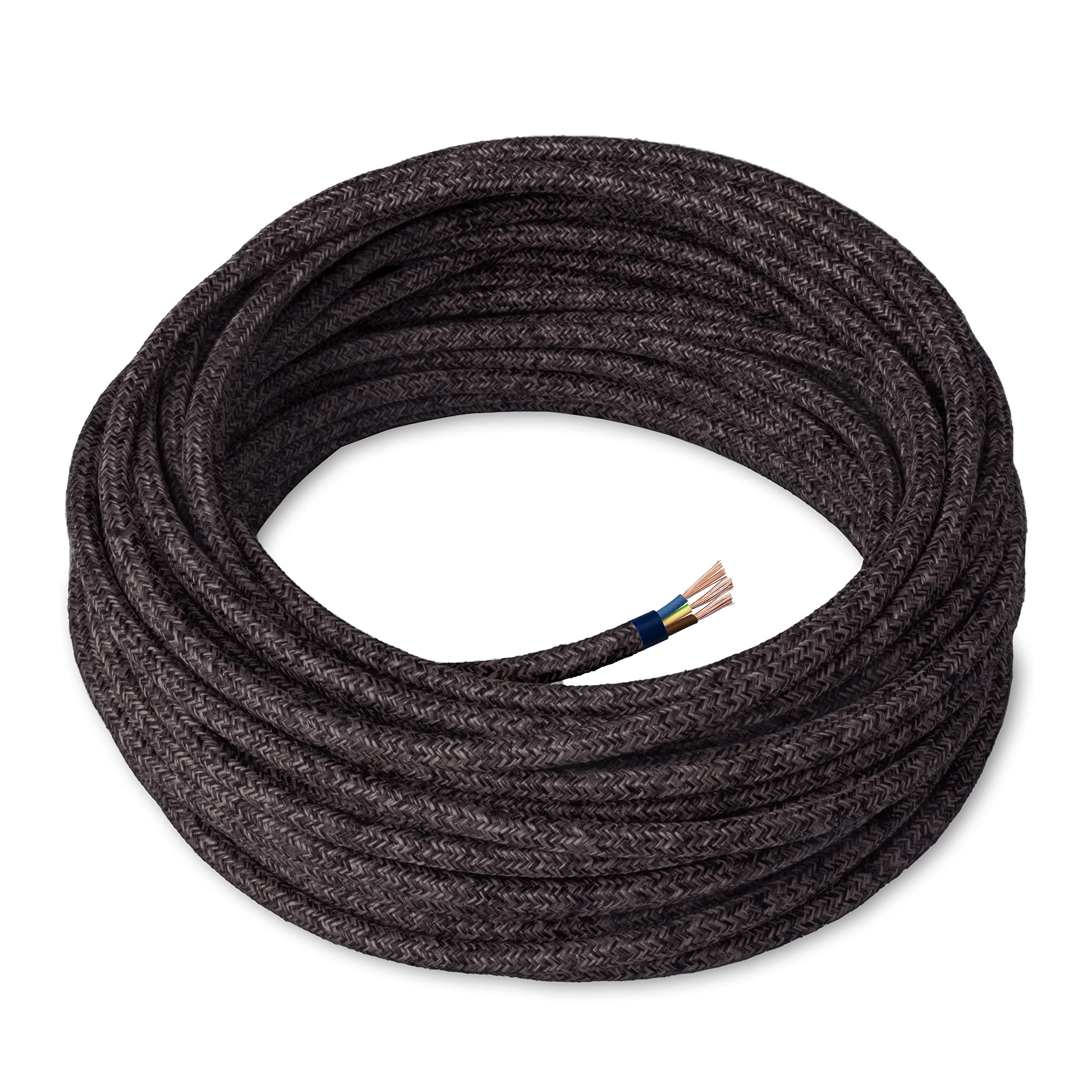 Amarcords - Cable de tela color LONA GRIS OSCURO, redondo, lino, 20 metros, con tierra 3x0,75 - Hilo eléctrico textil de color estilo clásico para lámparas bricolaje y iluminación vintage.