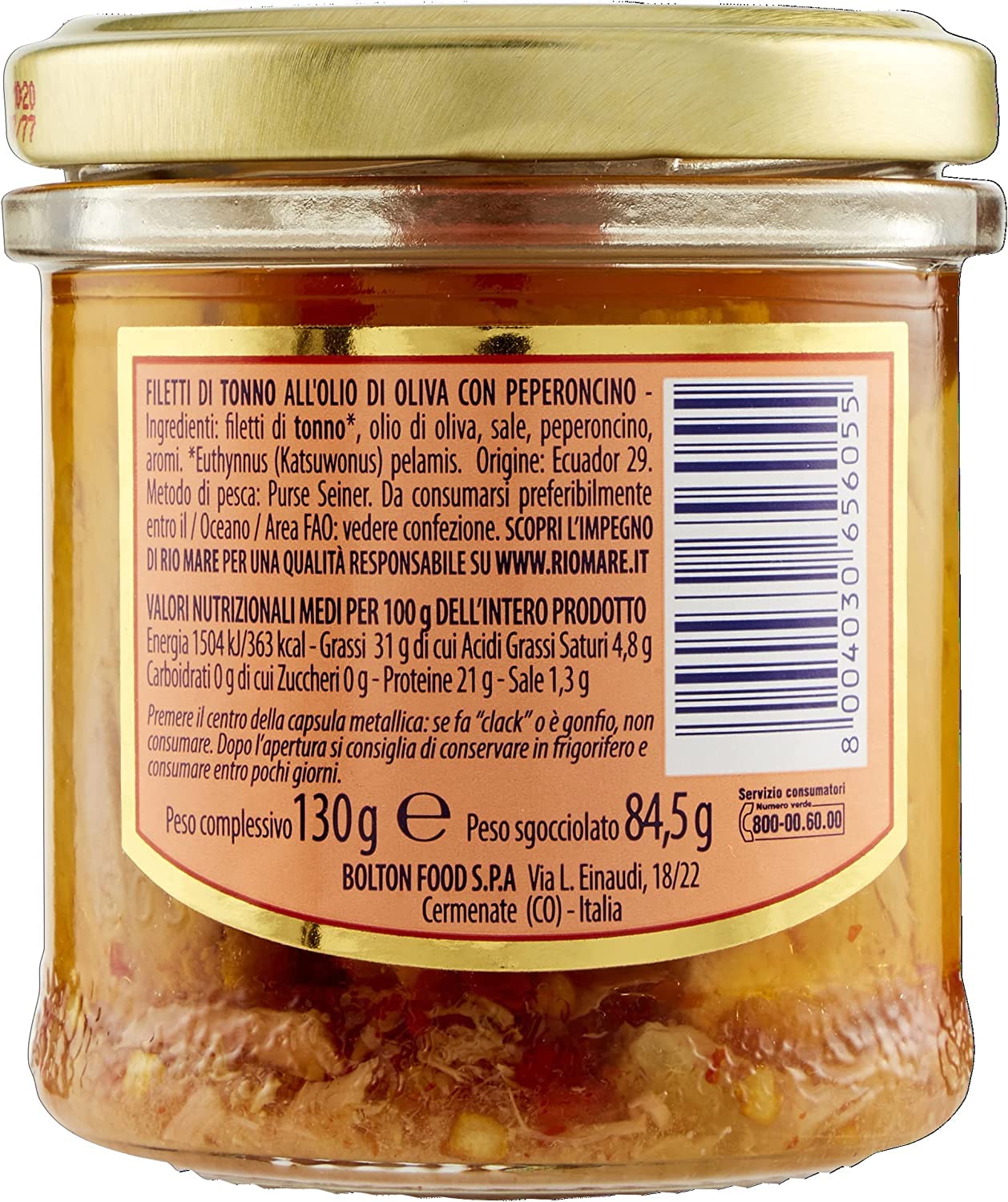 6x Rio Mare Filetti di Tonno al Peperoncino in Olio di Oliva Thunfischfilets in Olivenöl mit Chili 130g