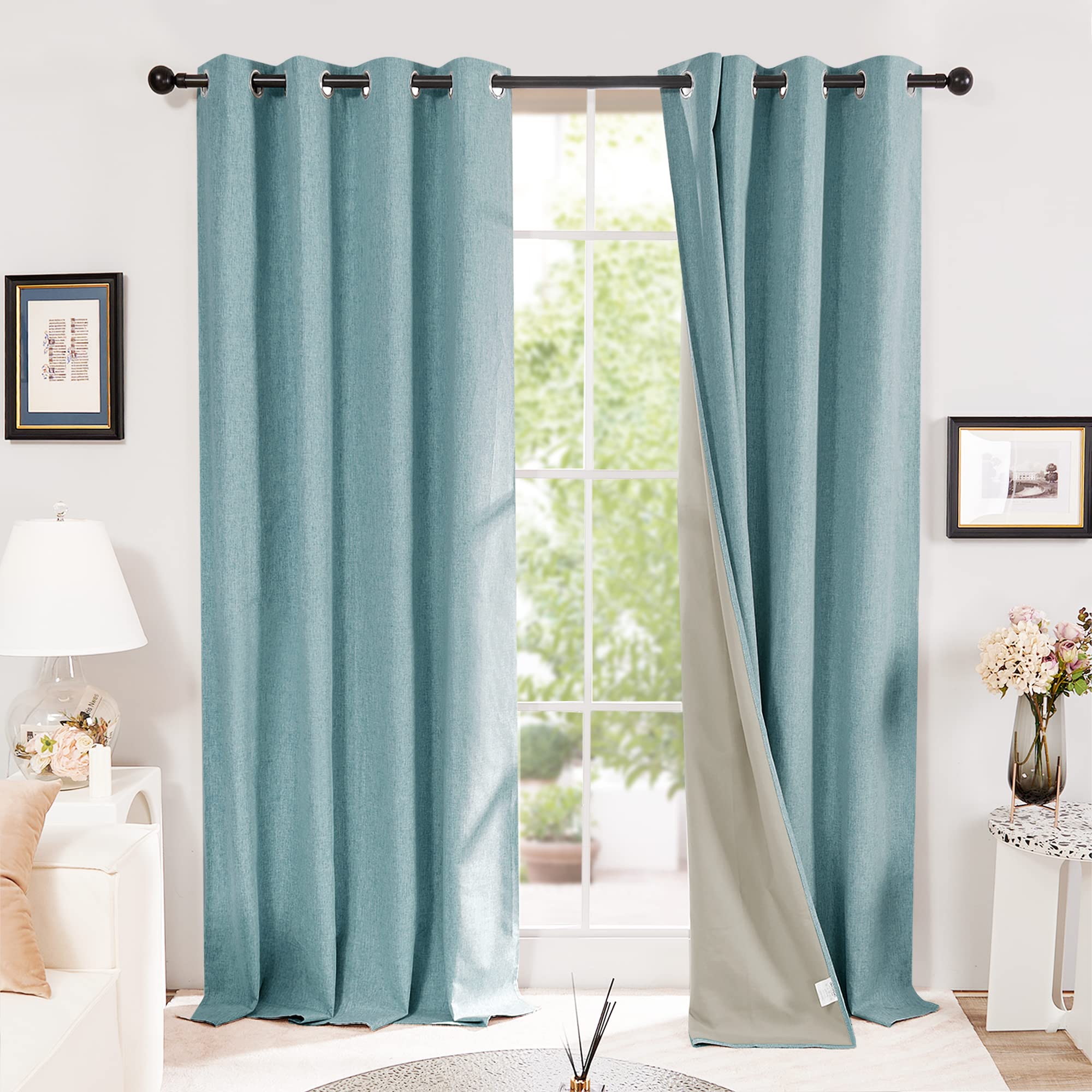 Deconovo 95 Inch Drop 100% Blackout Curtains Faux Linen Thermal Insulated Eyelet Curtains for Living Room, Stone Blue, W52 x L95 Inch One Pair